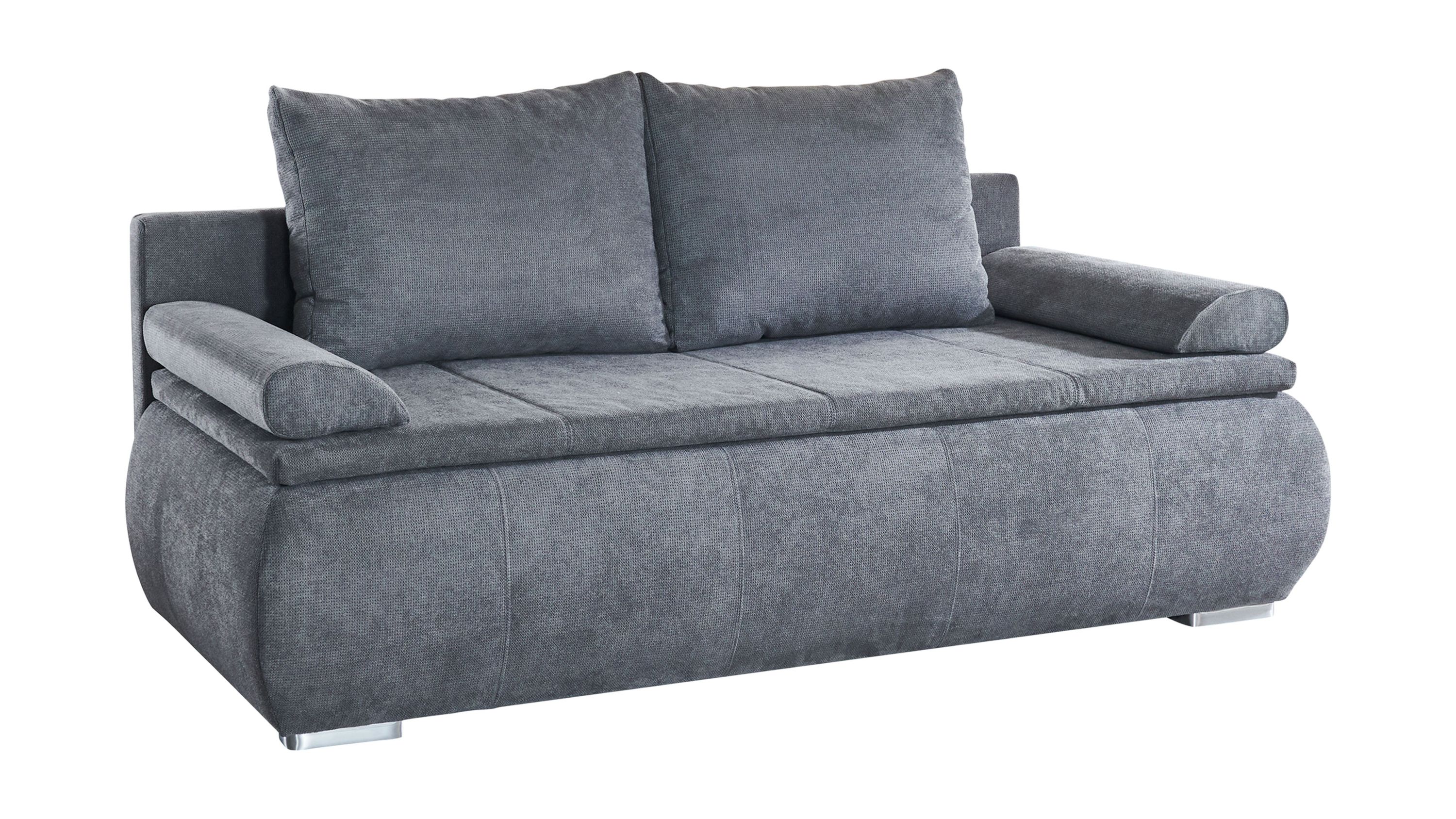 Graues Schlafsofa mit zwei Rückenkissen und abgerundeten Armlehnen auf chromfarbenen Holzfüßen
