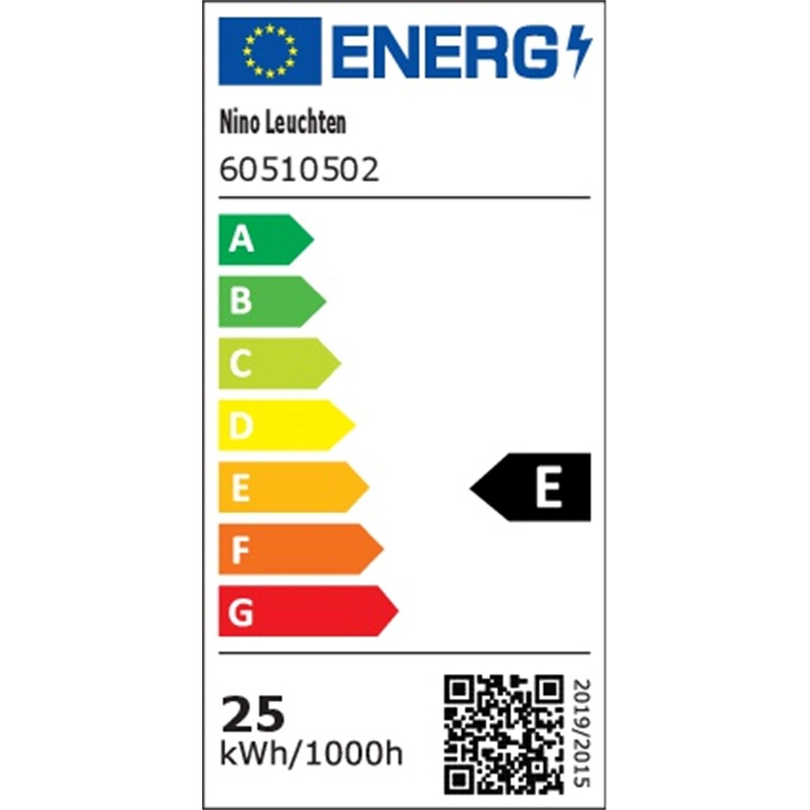 EU-Energielabel für Nino Leuchten Modell 60510902  Effizienzklasse E  25 kWh/1000h  mit Farbskala und QR-Code