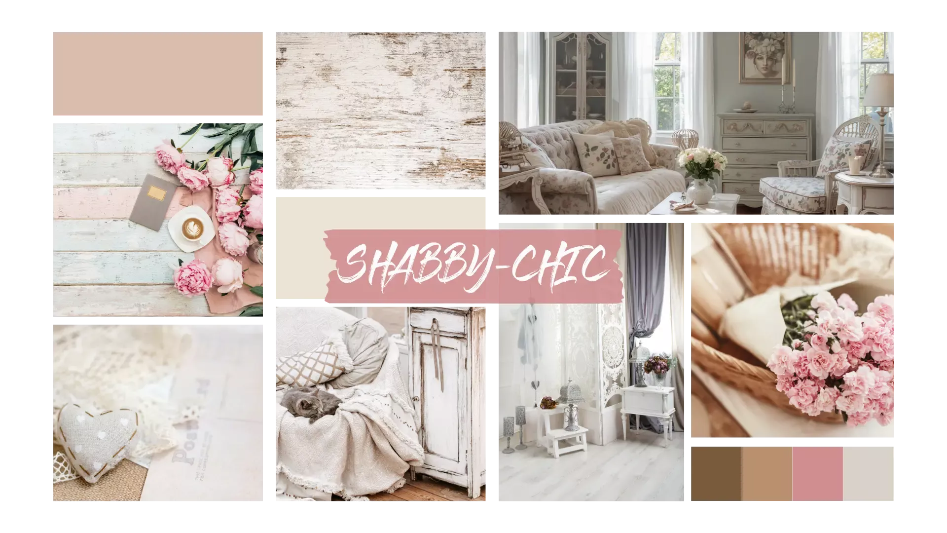 Collage im Shabby-Chic-Stil mit verspielten Blumen, hellen Pastelltönen, Vintage-Möbeln, Spitzenstoffen, weißen Holzelementen und romantischer Wohnatmosphäre