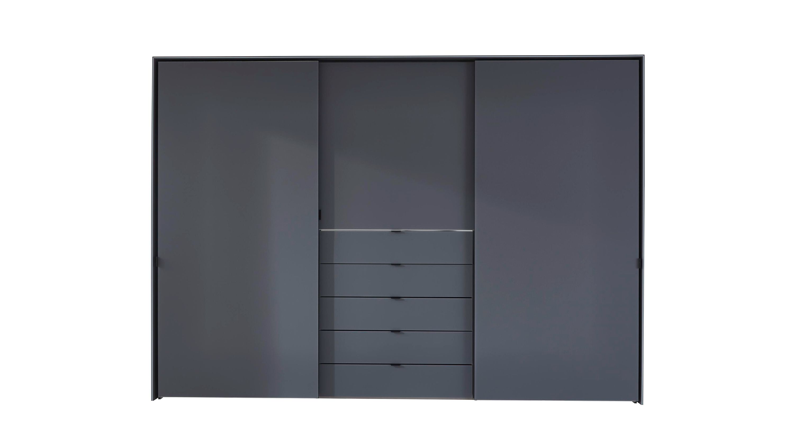 Schwebetürenschrank mit drei Türen und fünf Schubladen in dunkler Farbe
