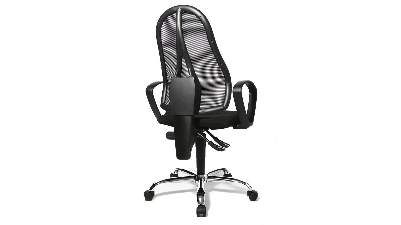 Rückansicht ergonomischer Bürodrehstuhl mit atmungsaktiver Netzlehne geschwungener Rückenform schwarzes Fußkreuz