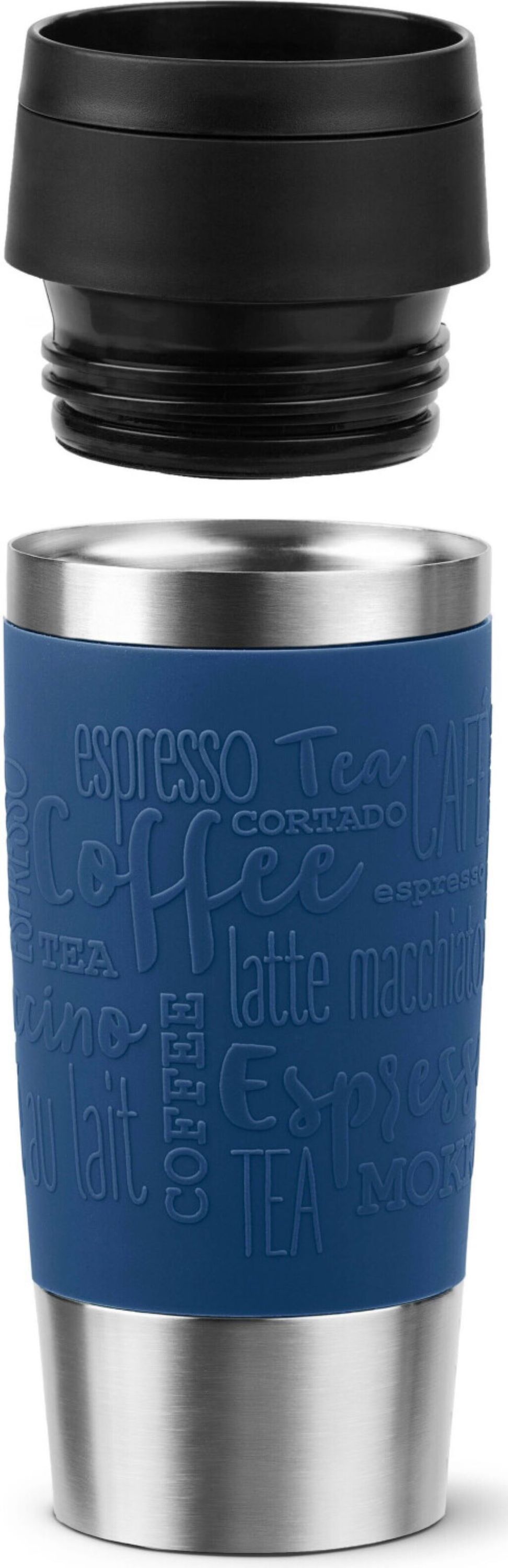 Dunkelblauer Thermobecher mit Edelstahl – stilvoller Becher mit Kaffeeprägung und schwarzem Deckel Frontalansicht eines Thermobechers mit blauem Griff Edelstahlkörper Deckel schwebt darüber aus Augenhöhe aufgenommen
