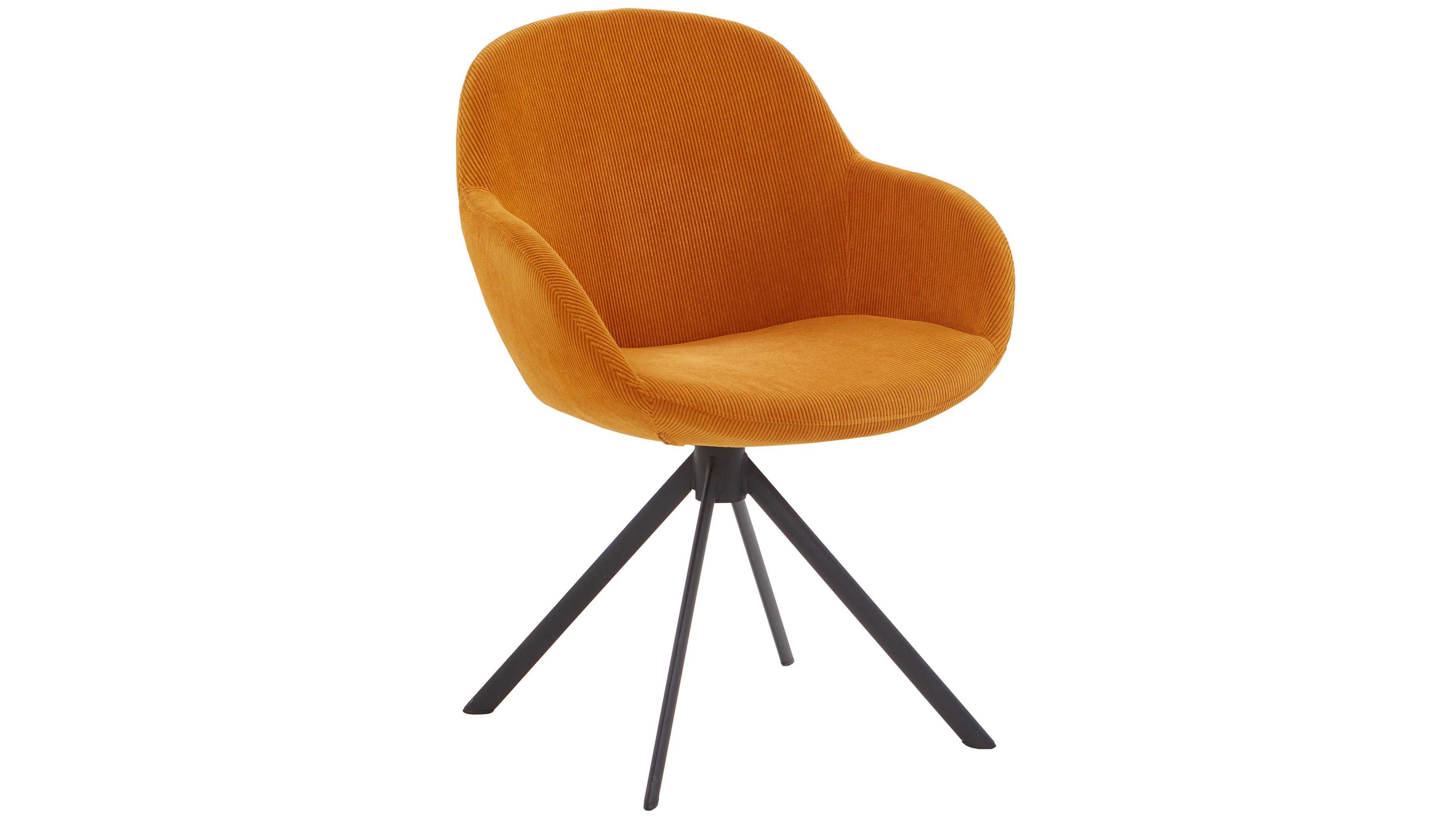 Armlehnstuhl mit apricotfarbenem Bezug und schwarzem Metallgestell Armlehnstuhl mit rundem Sitz und Rückenlehne apricotfarbener Stoffbezug schwarzes Metallgestell mit vier Beinen