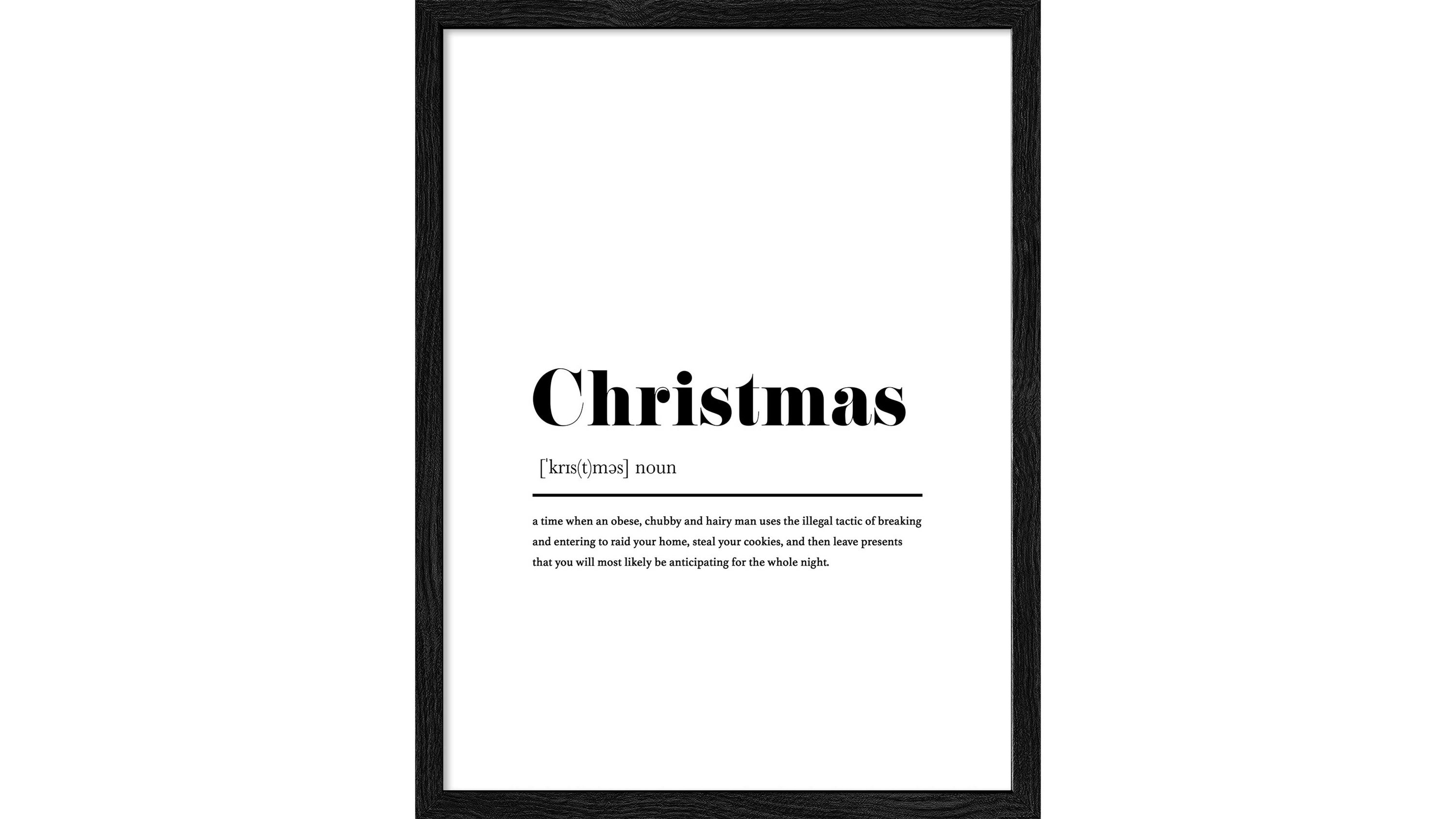 Schwarzer Bilderrahmen mit weißem Hintergrund und schwarzem Text Christmas mit Definition