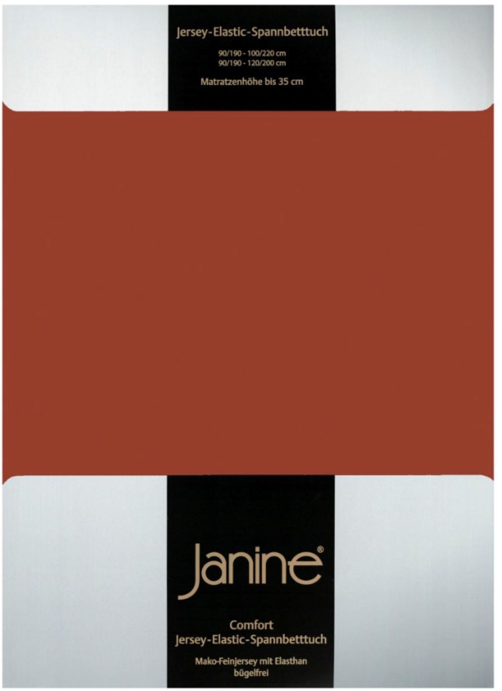 Rostrotes Janine Jersey-Elastik-Spannbettlaken, Verpackung mit Janine-Logo und schwarz-silberner Banderole frontal