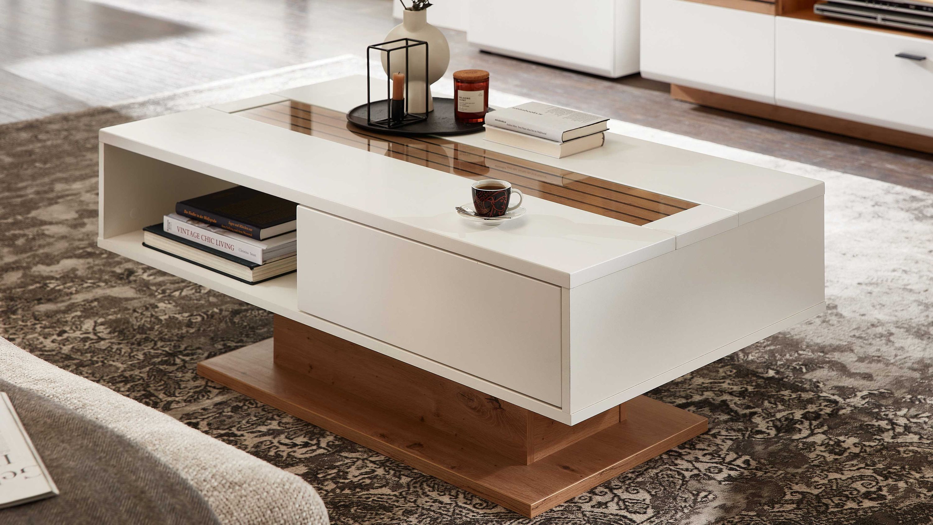 Couchtisch mit Schublade und Holzplatte in Weiß und Holzoptik Rechteckiger Couchtisch mit weißer Oberfläche Holzplatte in der Mitte offenes Fach und Schublade Holzsockel