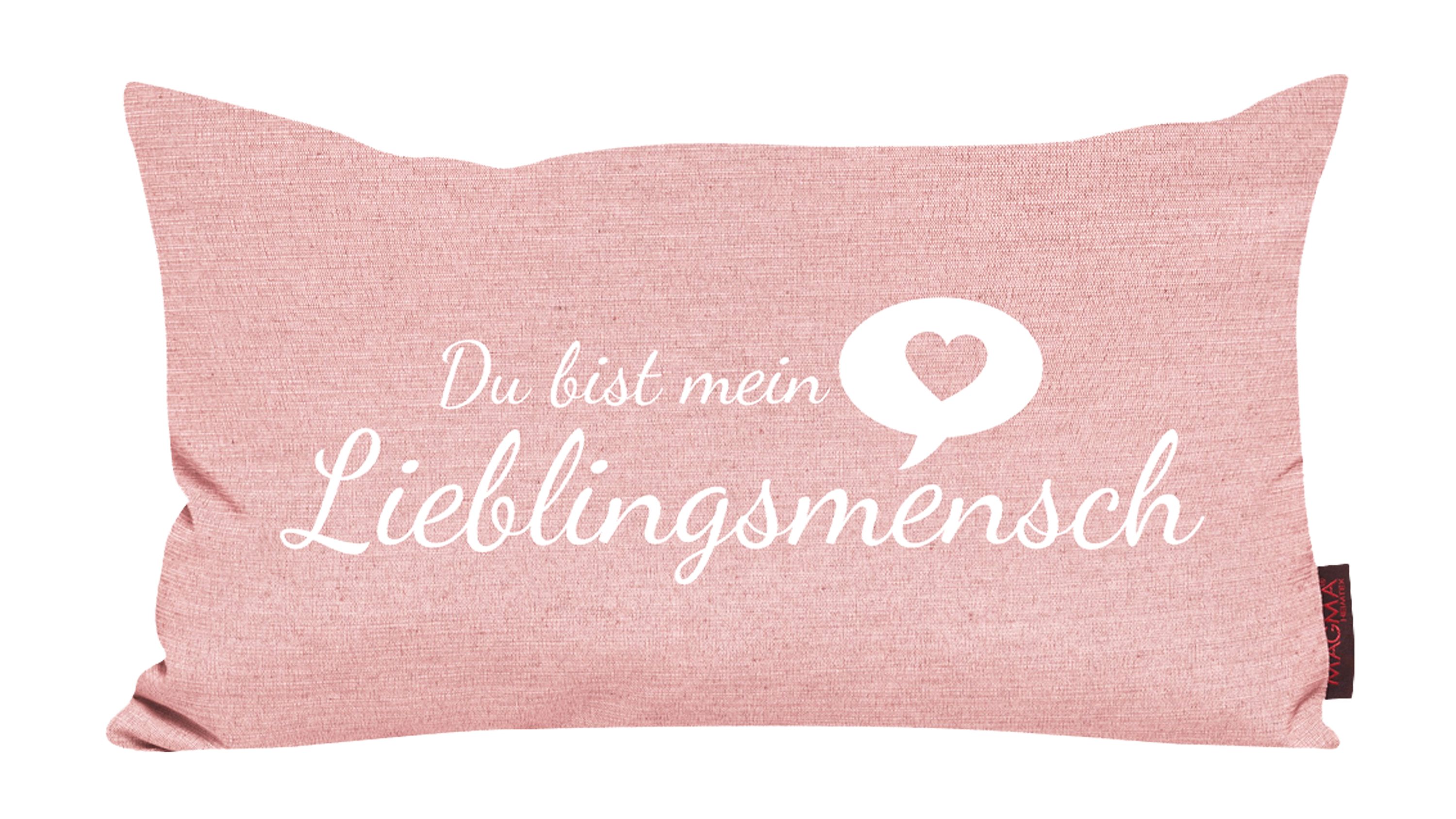 Rechteckiges Kissen mit altrosafarbenem Bezug und weißem Schriftzug Du bist mein Lieblingsmensch