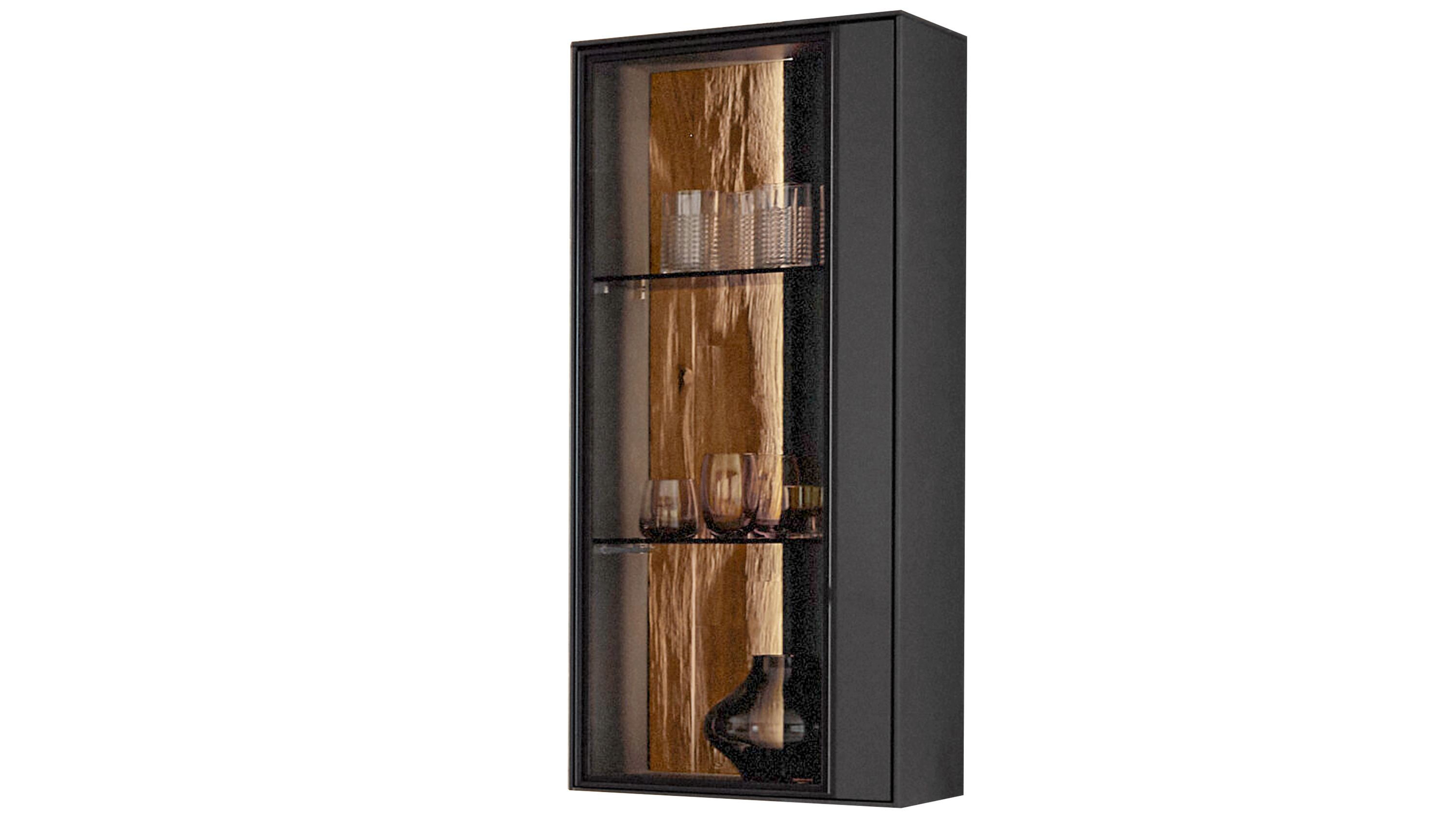 Hängeschrank mit Glastür in graphitgrau Hängeschrank mit einer Glastür in graphitgrauer Farbe und drei Innenböden mit Dekorationsgegenständen