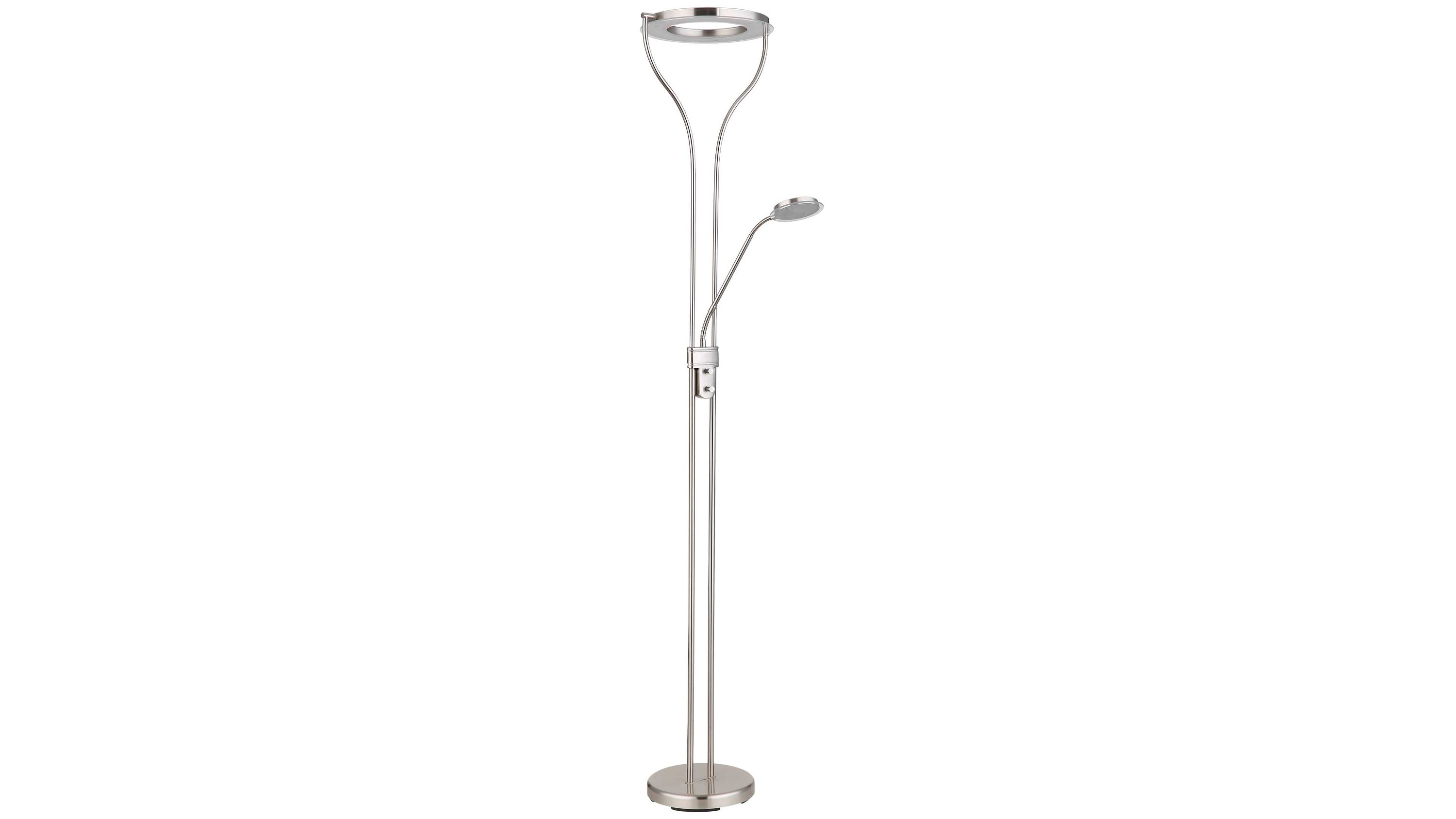 Stehende Deckenfluterlampe mit zwei Leuchtenköpfen in matt nickelfarben