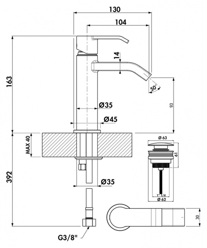 Technische Zeichnung Wasserhahn H 164?mm  Ausladung 123?mm  Auslaufhöhe 107?mm  Bohrung Ø35?mm  Naber Stile 1 Silber
