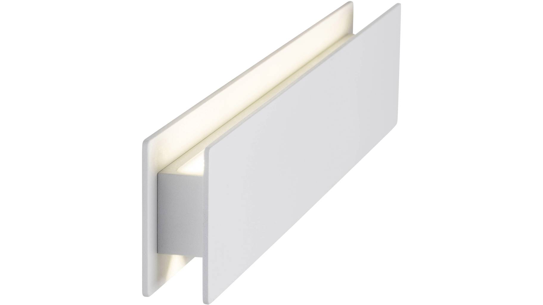 Weiße LED-Wandleuchte mit modernem rechteckigem Design Weiße LED-Wandleuchte mit modernem, rechteckigem Design und indirekter Beleuchtung, schräg von rechts fotografiert