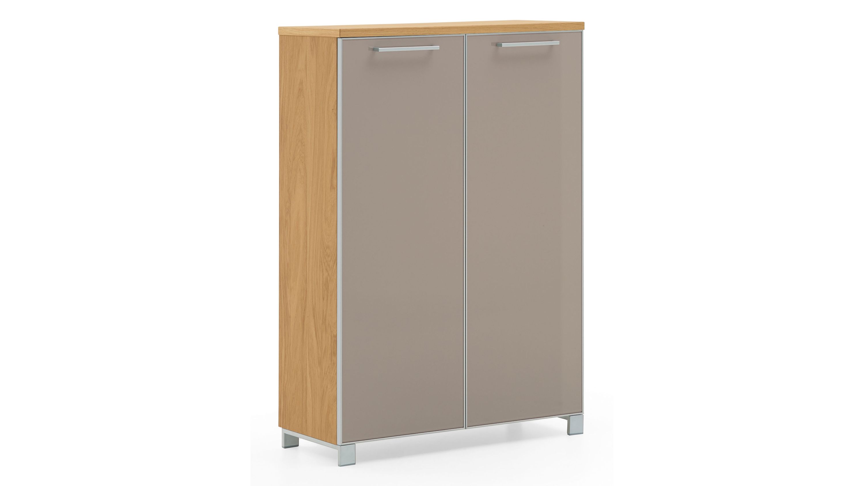 Schuhschrank mit zwei taupefarbenen Glastüren und Holzoptik seitlich und oben