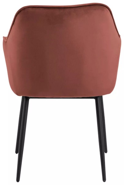 Rückansicht eines modernen Armlehnstuhls in rot mit schwarzen Metallbeinen