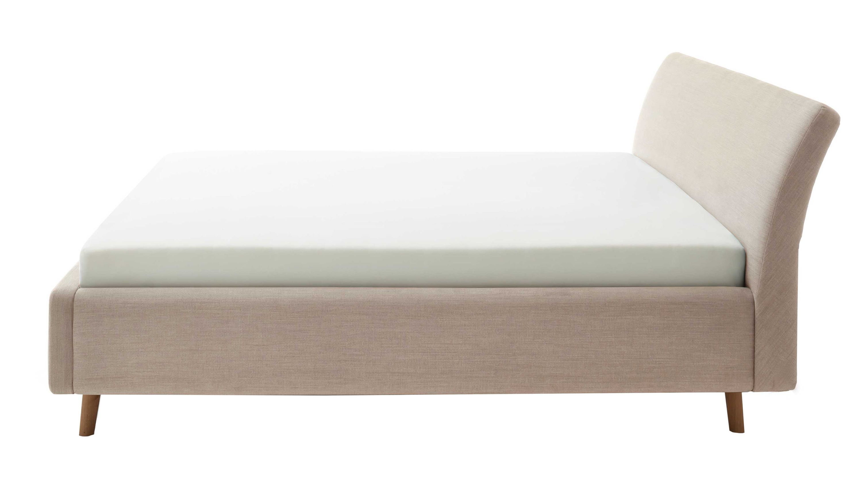 Polsterbett mit glattem Kopfteil und Bettkasten in Beige Beiges Polsterbett mit glattem Kopfteil und Bettkasten vier Holzbeine