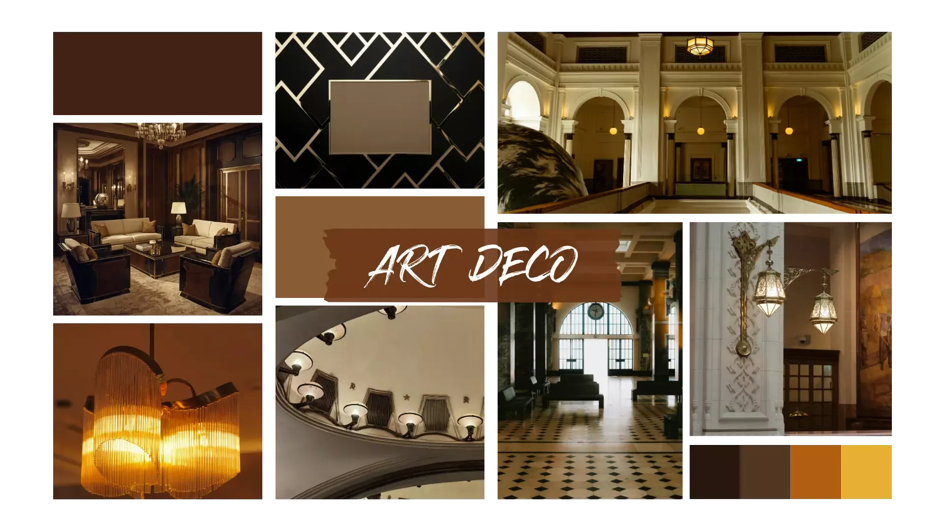Collage im Art-Déco-Stil mit luxuriösem Wohnzimmer, geometrischen Mustern, goldenen Leuchten, historischen Innenräumen und Farbpalette in Braun, Gold und Schwarz