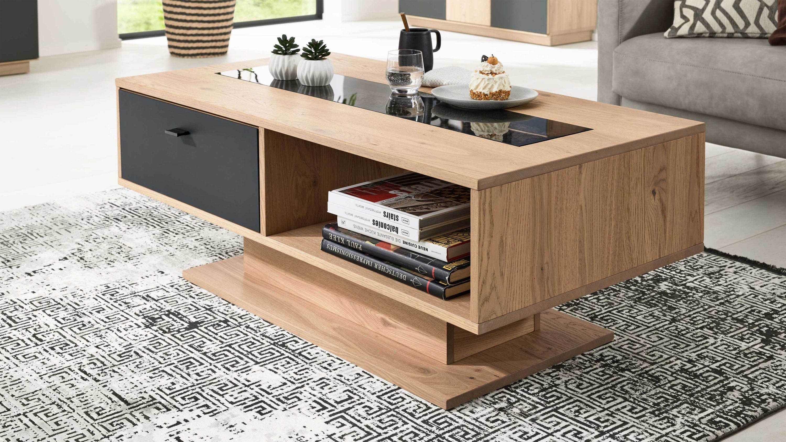 Rechteckiger Couchtisch mit Ablagefach und Schublade in Holzoptik und anthrazitfarbenem Frontteil