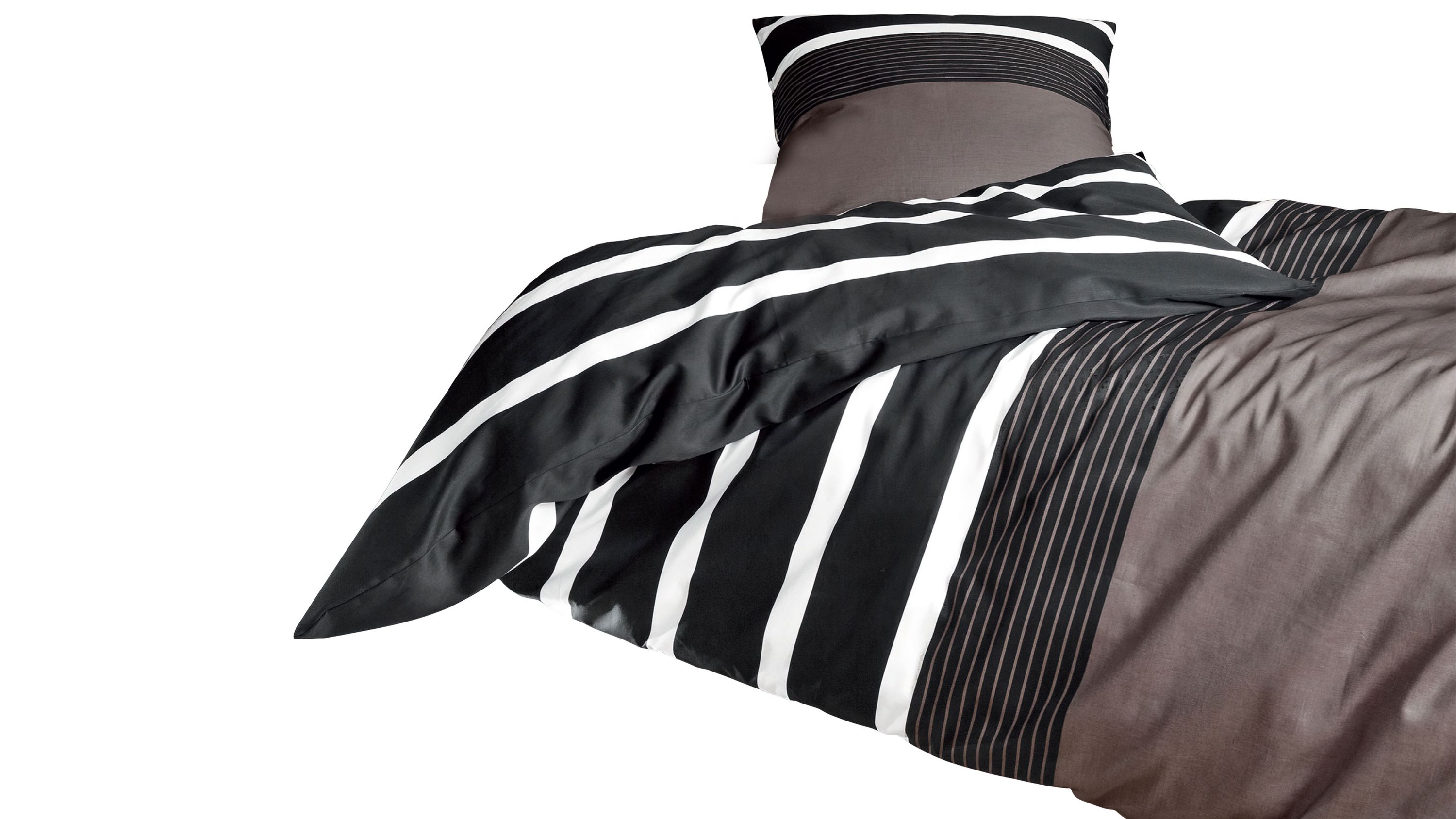 Bettwäsche-Set mit Kissenbezug und Decke in schwarz weiß und nougatfarbenen Streifen