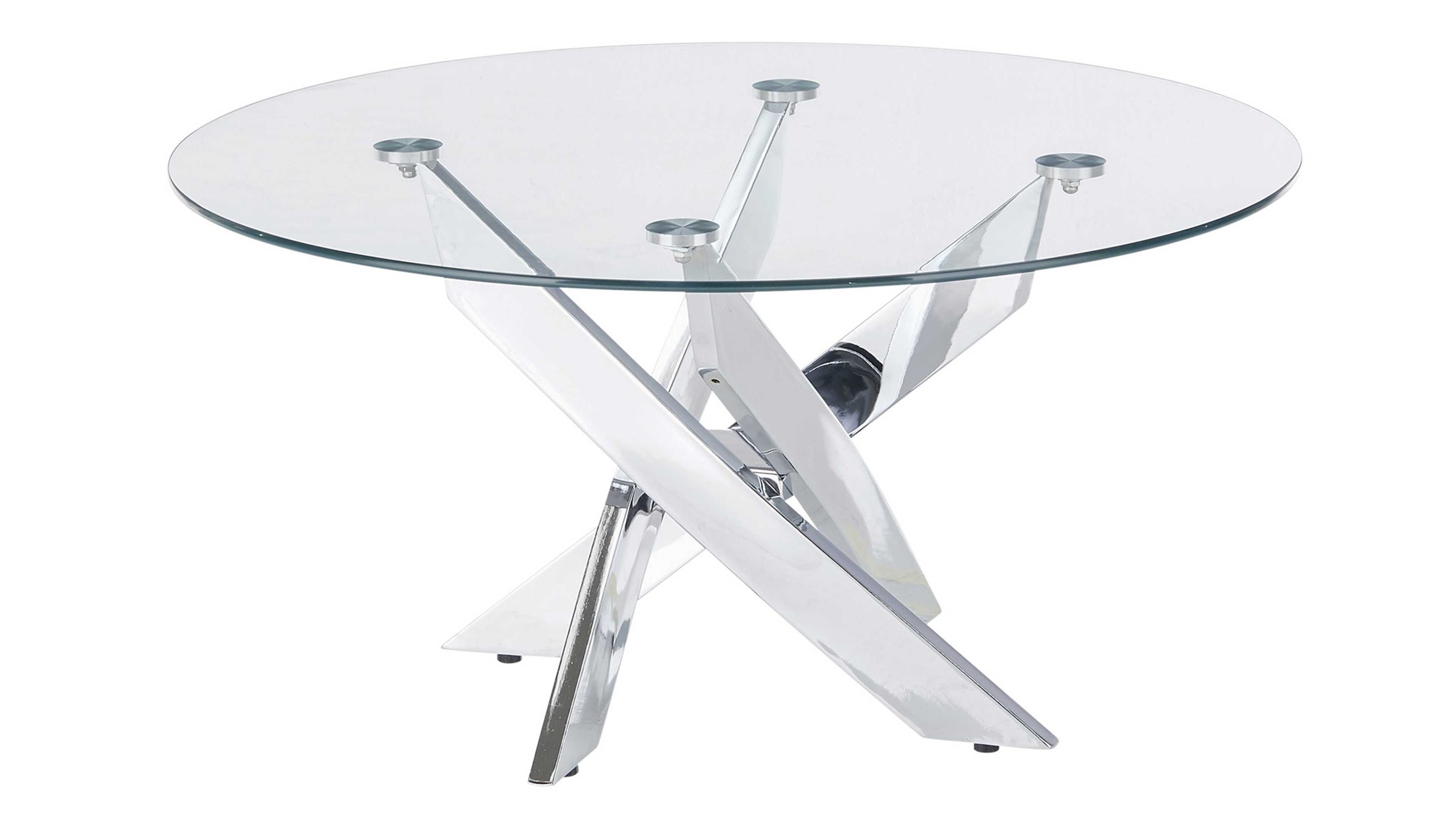 Runder Couchtisch mit klarem Glasplatten und dreibeinigem chromfarbenem Gestell