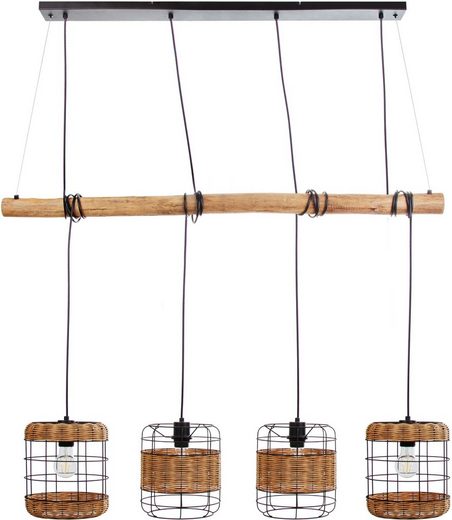 Nino Leuchten Pendelleuchte Jaro Braun Schwarz Metall Holz Rattan 150 cm Kuppelförmige Pendelleuchte braunes Rattangeflecht schwarze Metall-Holzelemente frontal freigestellt