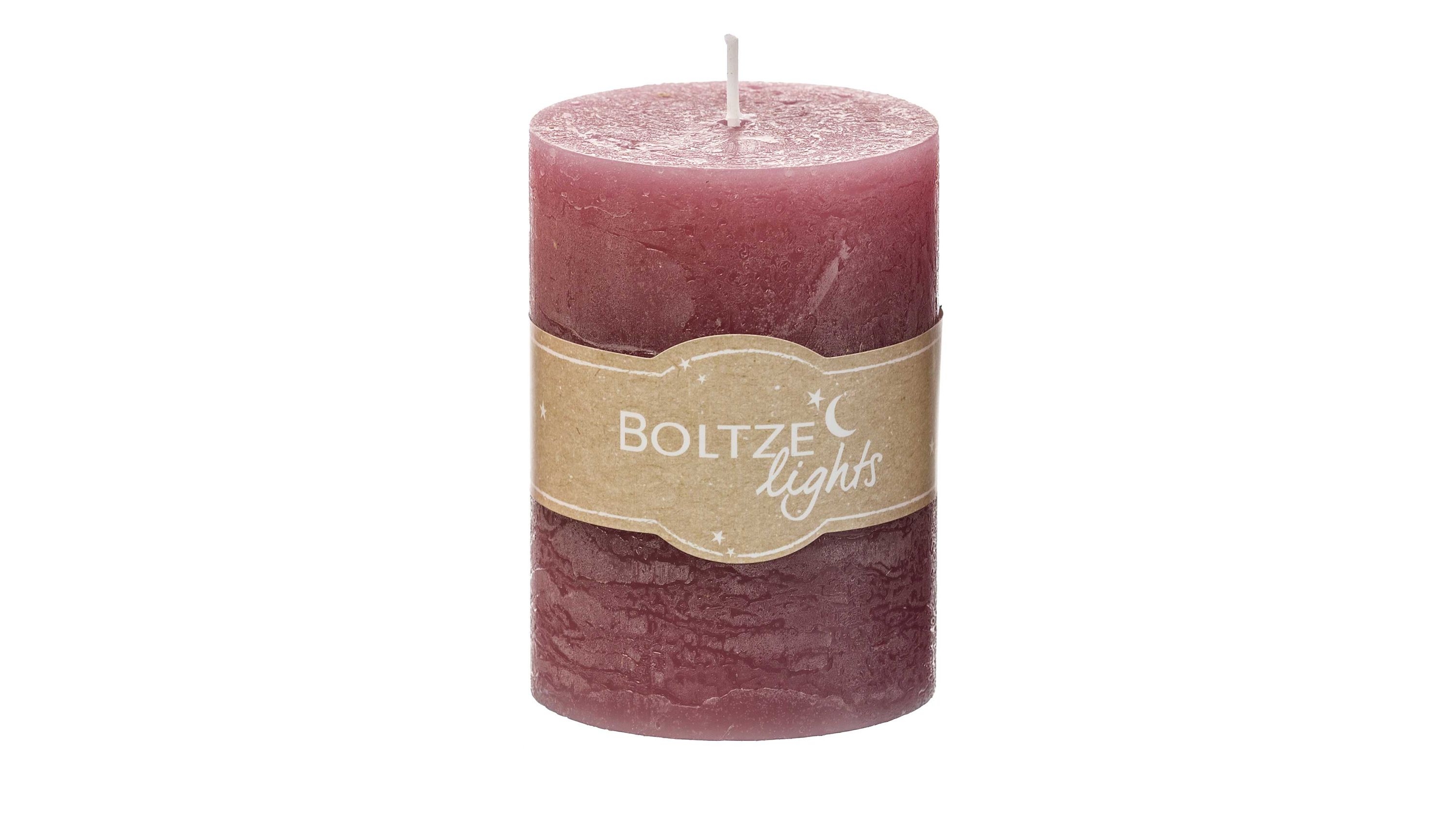 Zylindrische Stumpenkerze in mauve mit Papierband und Docht oben