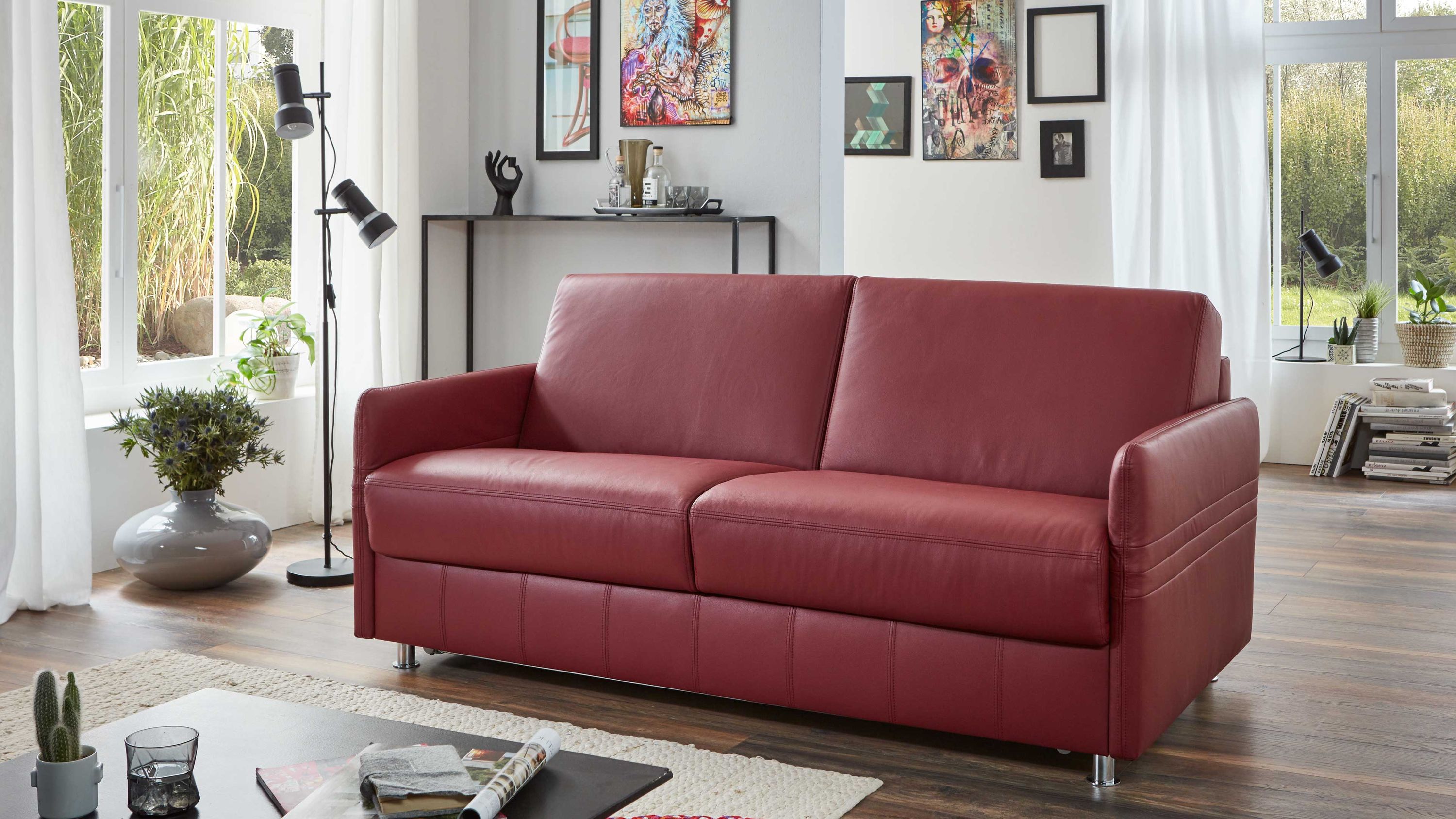 Comfortmaster Messina Funktionssofa - Schlafcouch dunkelrotes Leder 20-1030 & Chromfüße 84 - Breite ca. 157 cm