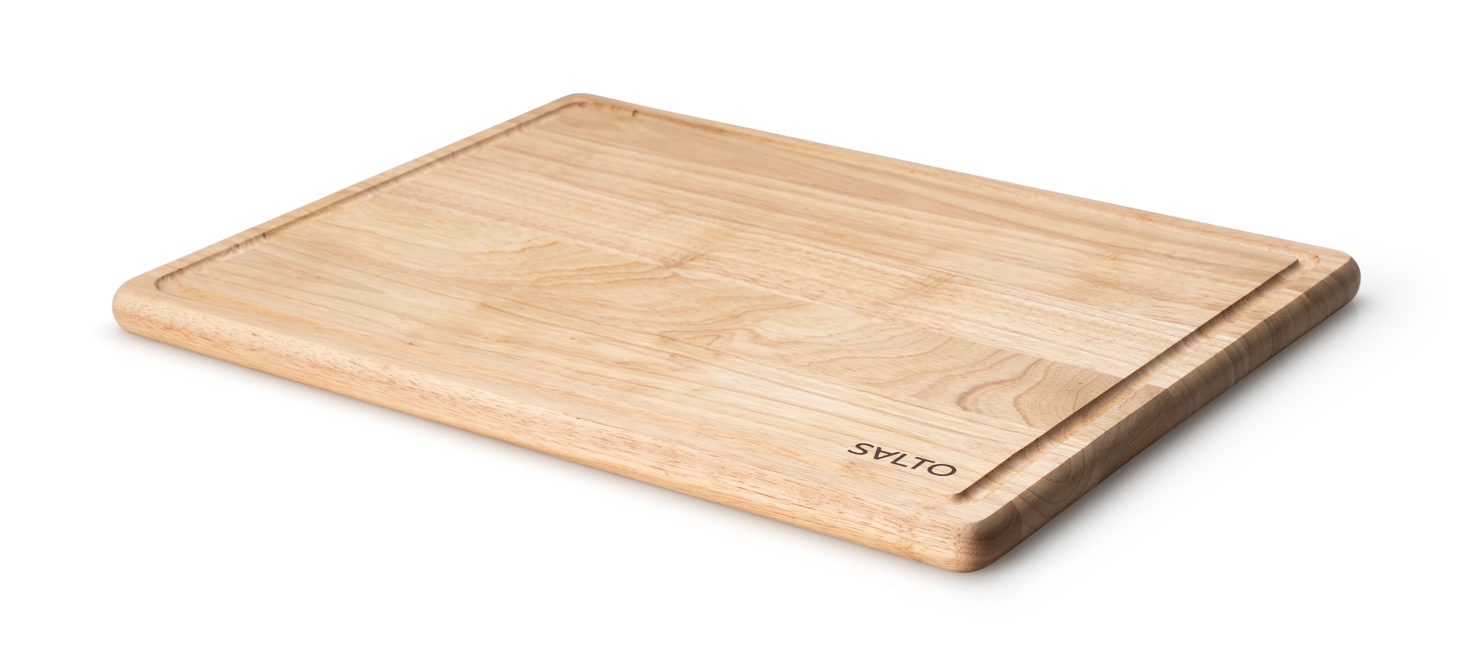 Rechteckiges Schneidebrett aus hellem Holz mit abgerundeten Ecken und umlaufender Saftrille, schräg aufgenommen