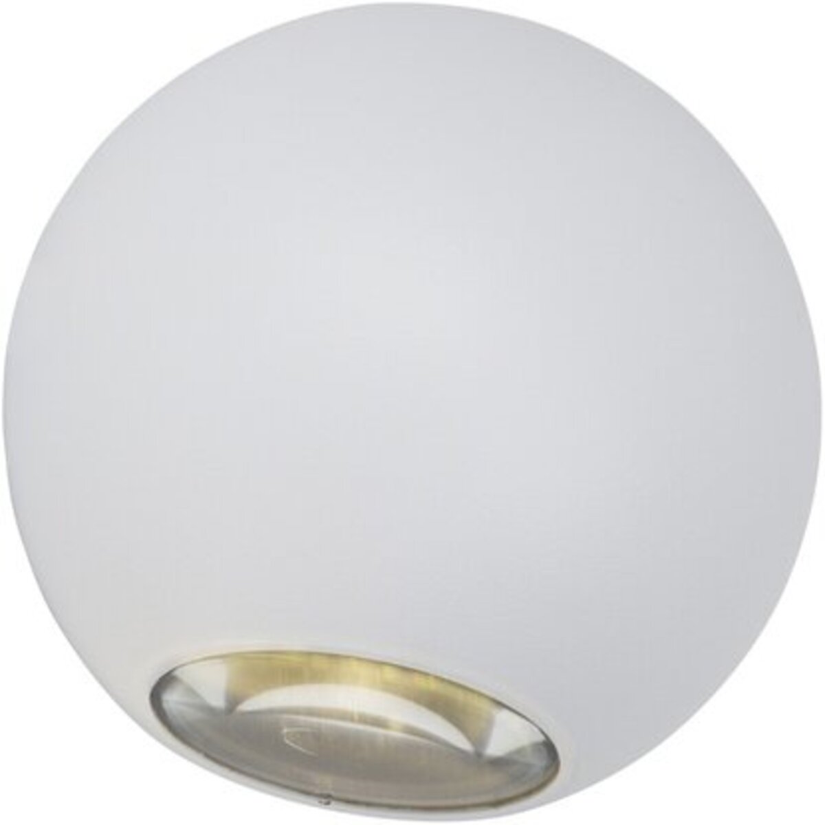 Kugelförmige Wandleuchte mit mattiertem Glas untere Öffnung Metallrand modern minimalistisch leicht unten fotografiert