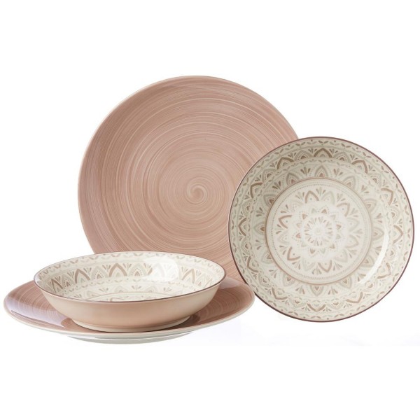Vierteiliges Keramik-Geschirrset mit spiralförmigem Rosa-Design und orientalischem Muster in Beige, frontal leicht versetzt