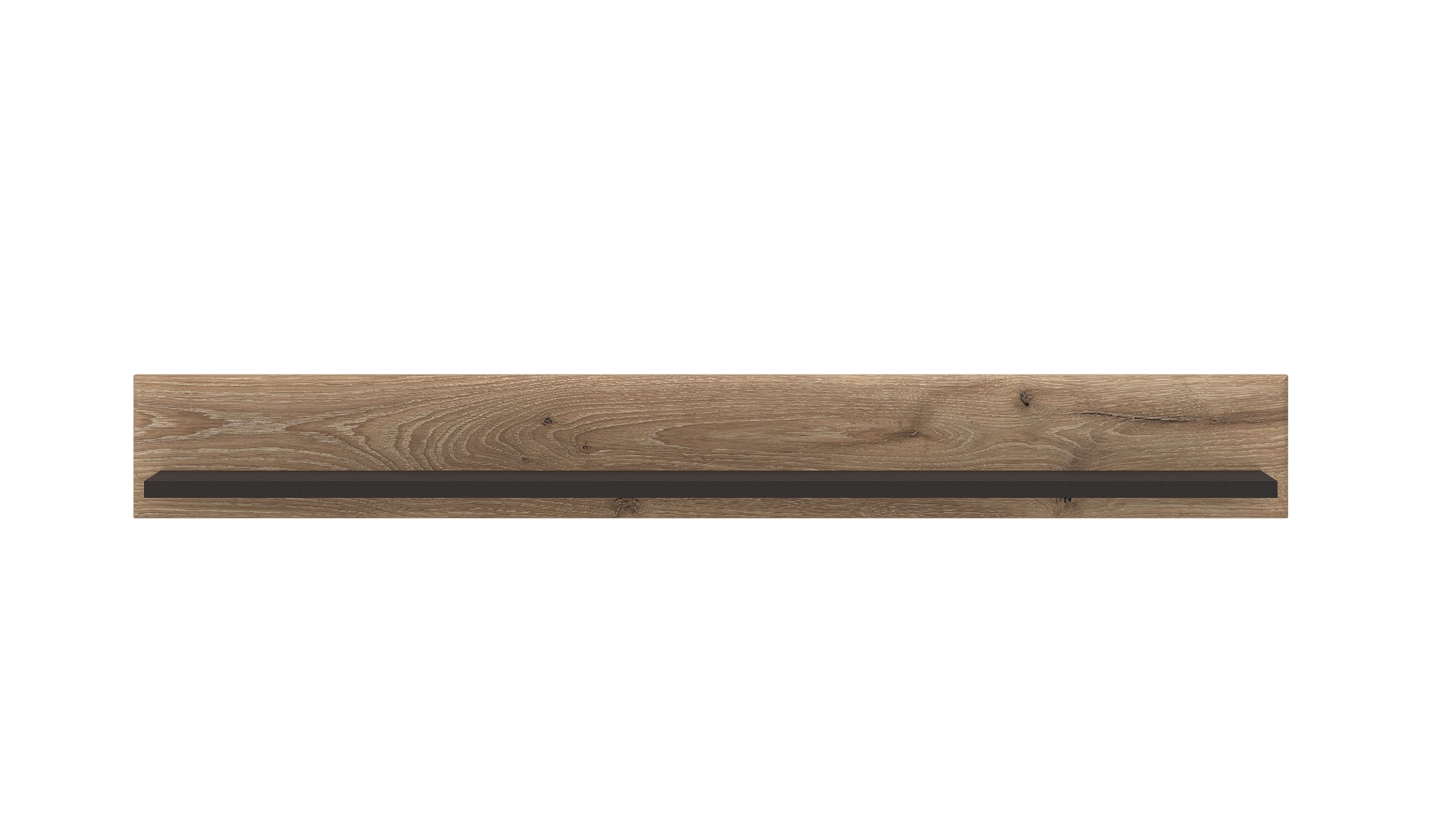 Langes Wandboard mit breitem hellbraunem Holzrücken und schmalem grauem Regalbrett