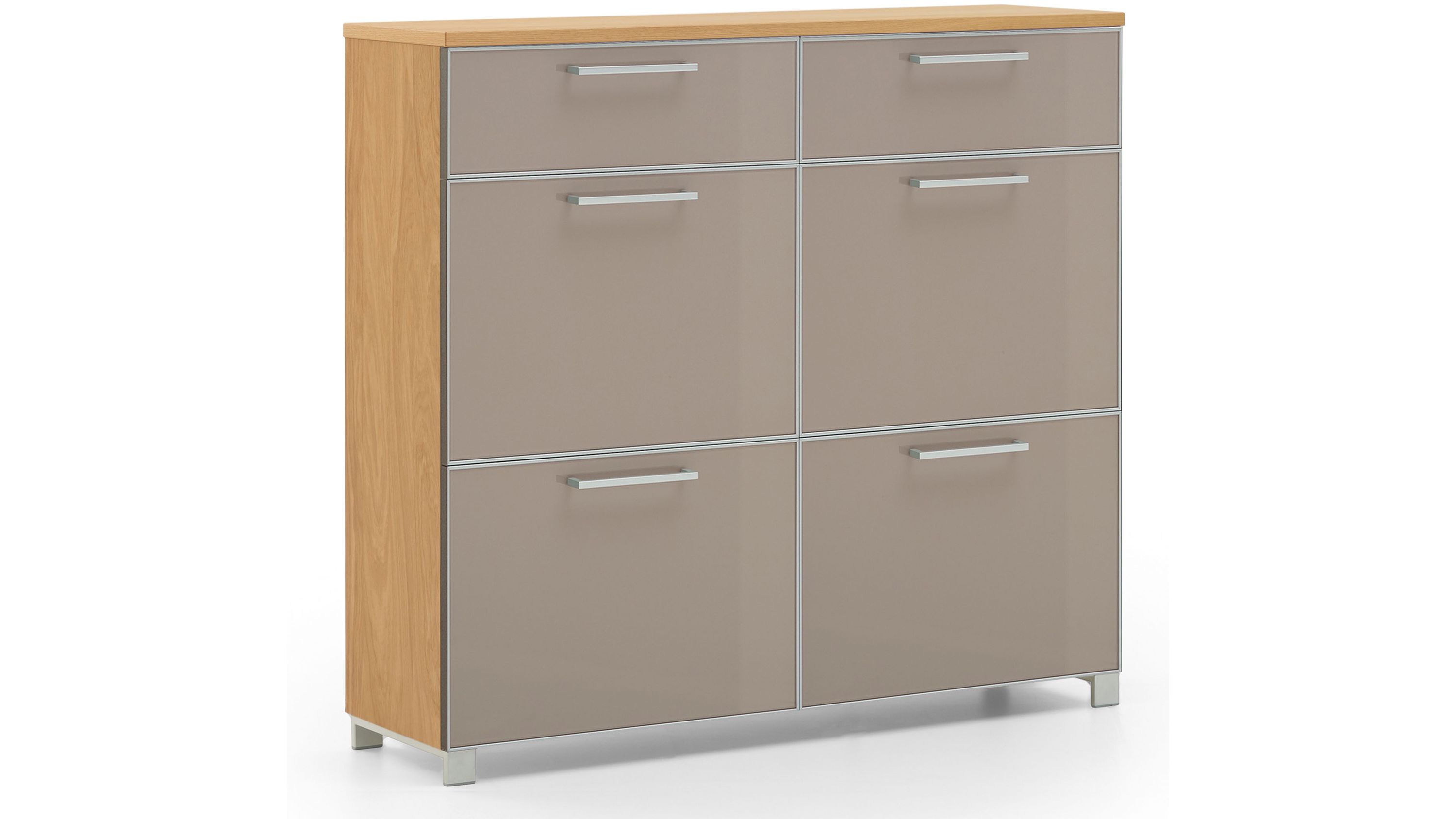 Schuhschrank mit zwei Schubladen und vier Klappen in taupefarbenem Glas und Holzoptik
