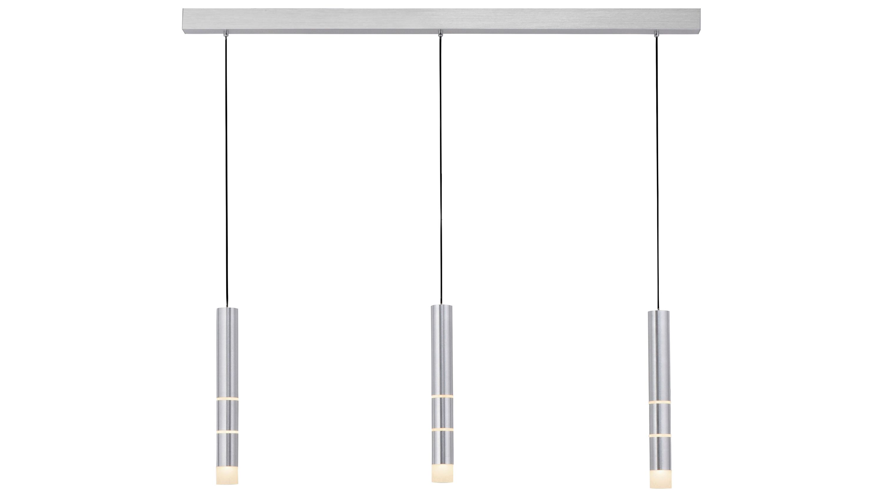 Dreiflammige Pendelleuchte mit zylindrischen silberfarbenen Metallgehäusen und schwarzem Kabel