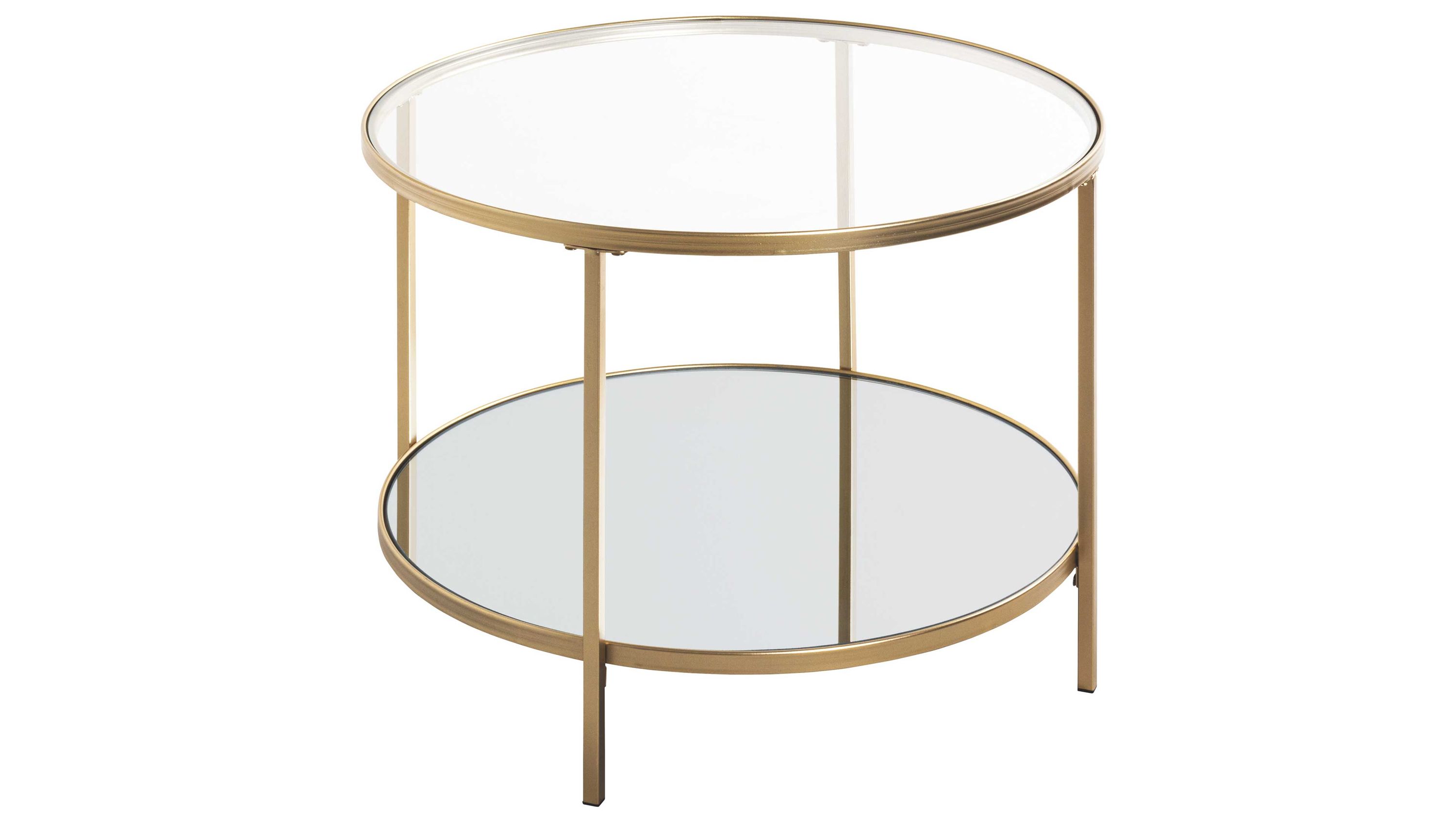 Runder Beistelltisch mit zwei Glasplatten und goldfarbenem Metallgestell