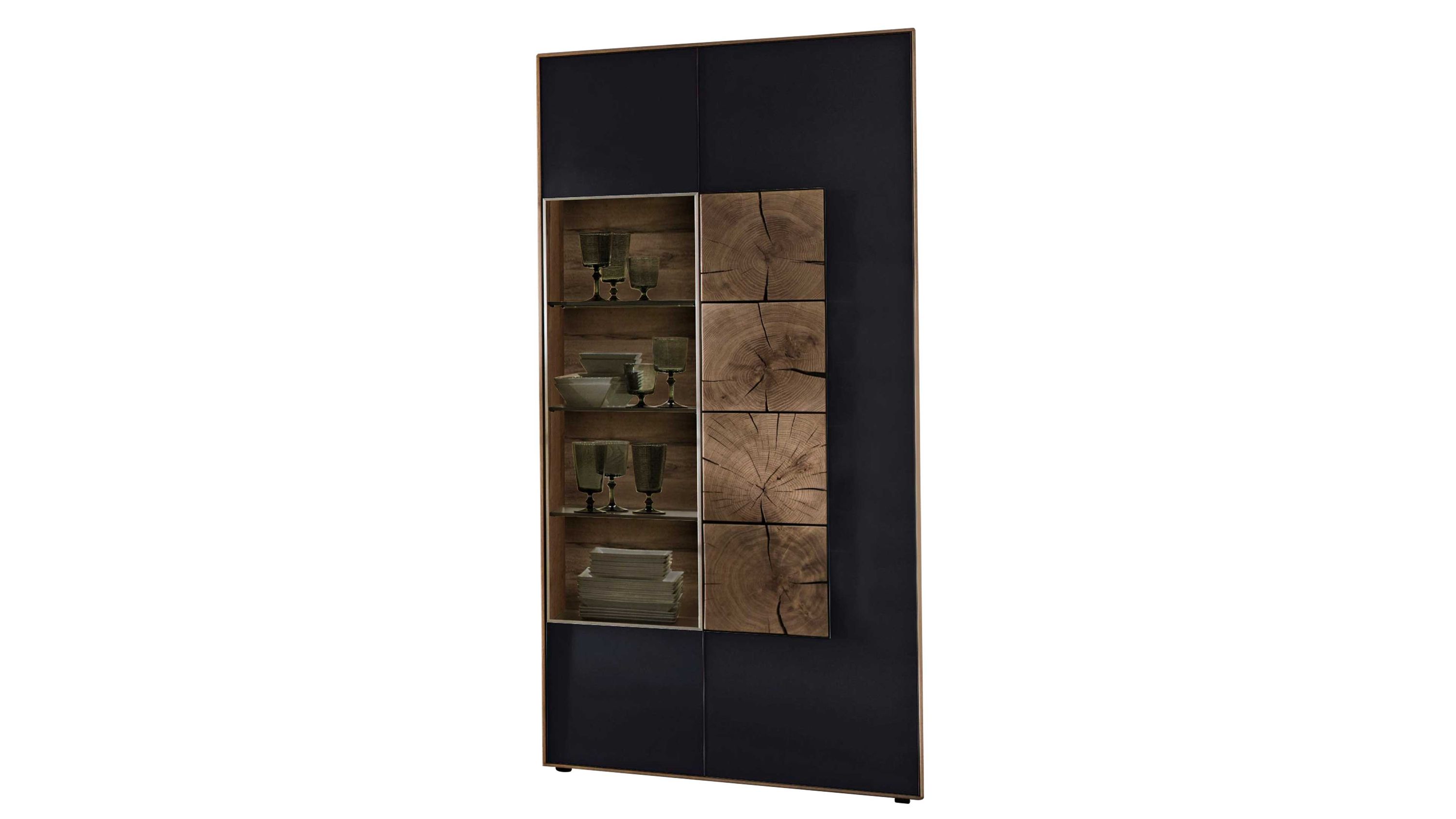 hartmann Serie Caya - Vitrinenschrank bzw. Massivholzmöbel anthrazitfarbenes Mattglas & Kerneiche  zwei Türen