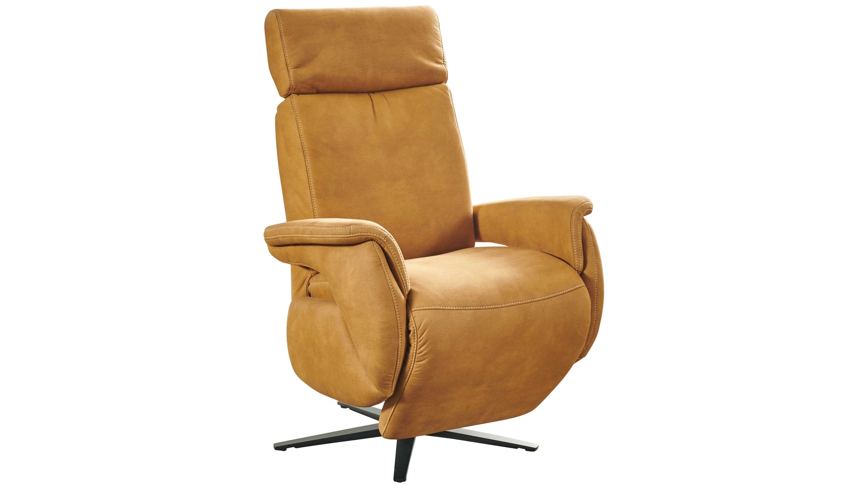 Relaxsessel in senffarbenem Leder mit Sternfuß Relaxsessel mit hoher Rückenlehne und Armlehnen in senffarbenem Leder mit mattschwarzem Sternfuß