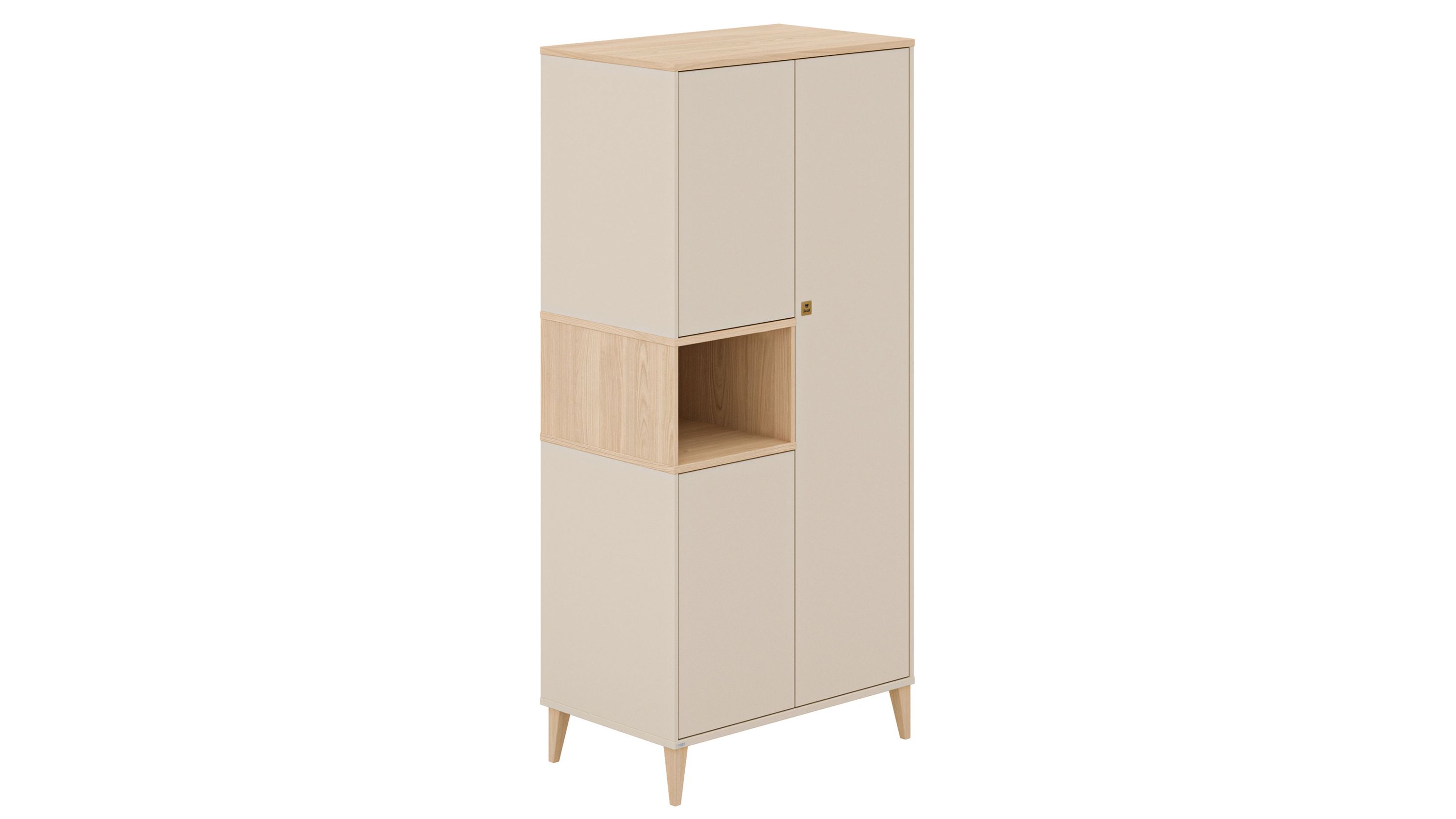 Kleiderschrank mit drei Türen in beige und hellbraun mit offenem Fach und vier schmalen Beinen