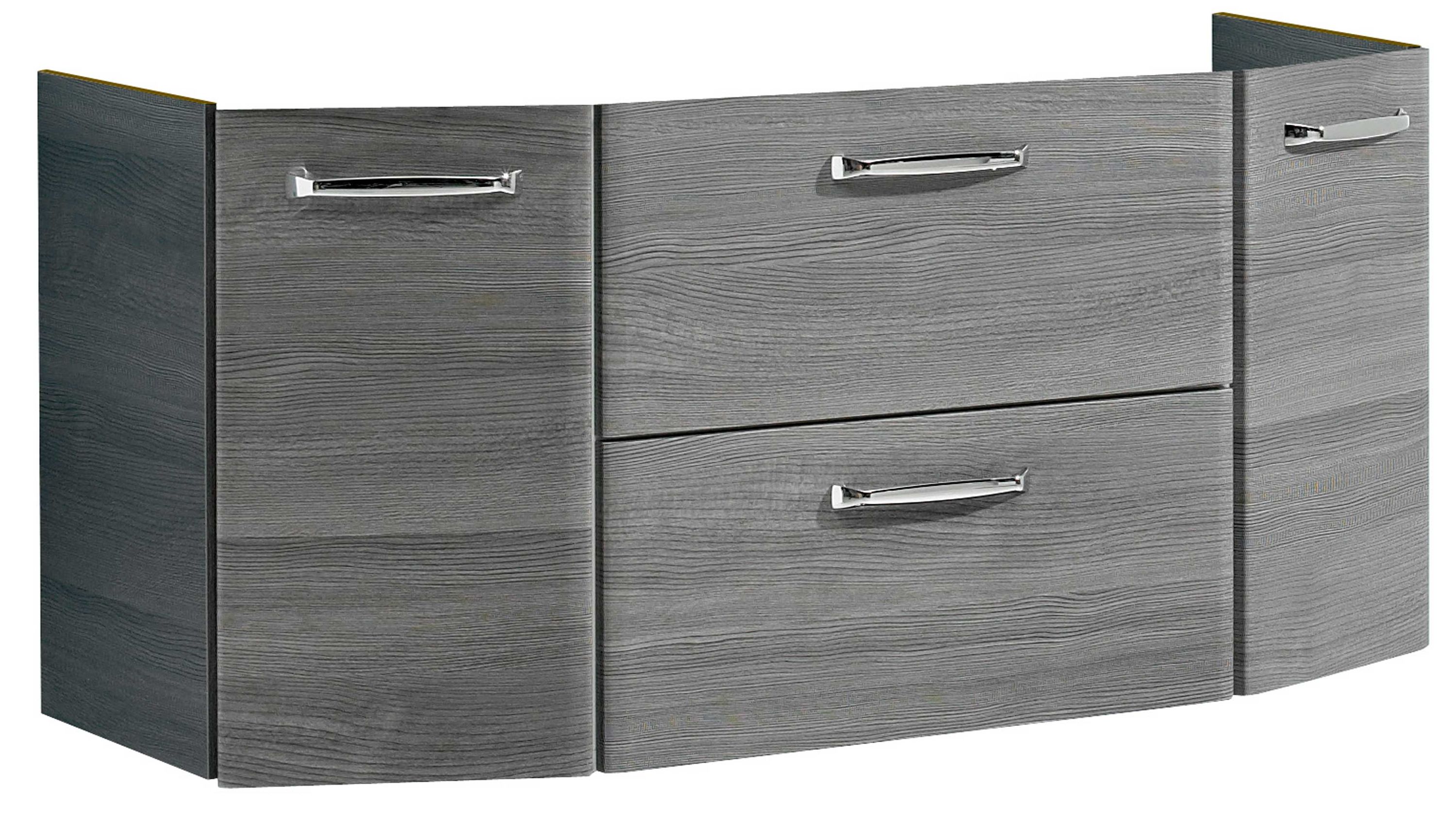 Waschtischunterschrank mit drei Türen und einer Schublade in grauer Holzoptik mit Metallgriffen