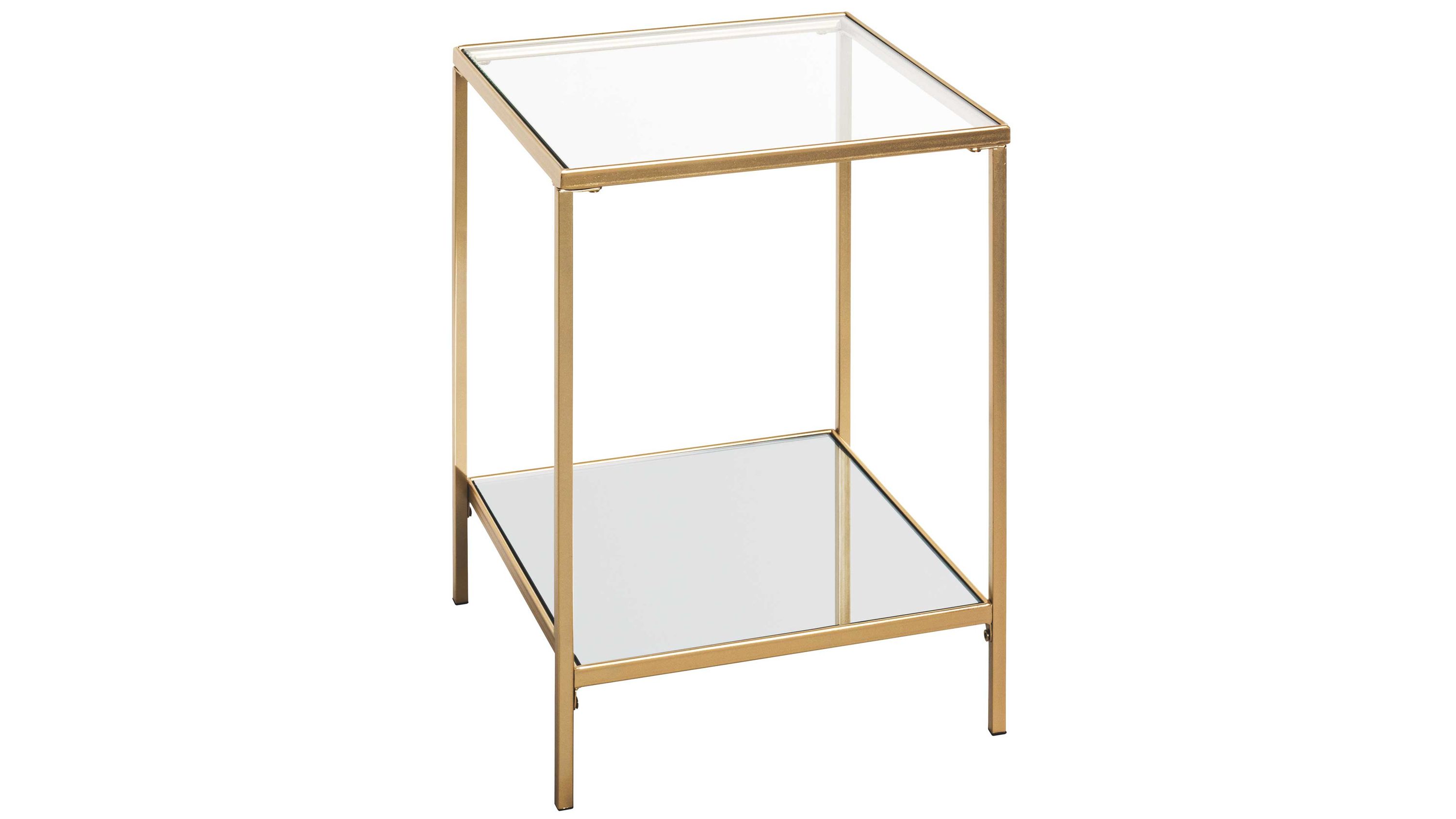 Quadratischer Beistelltisch mit goldfarbenem Metallgestell und zwei Glasplatten
