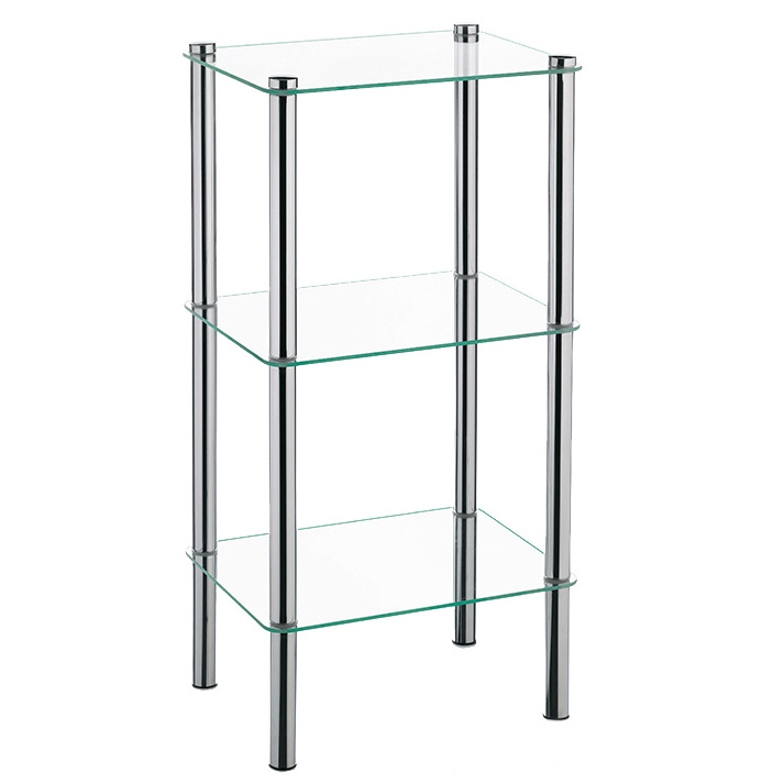 Dreistufiges Glasregal mit Metallstreben Dreistufiges Glasregal mit Metallstreben, frontal fotografiert