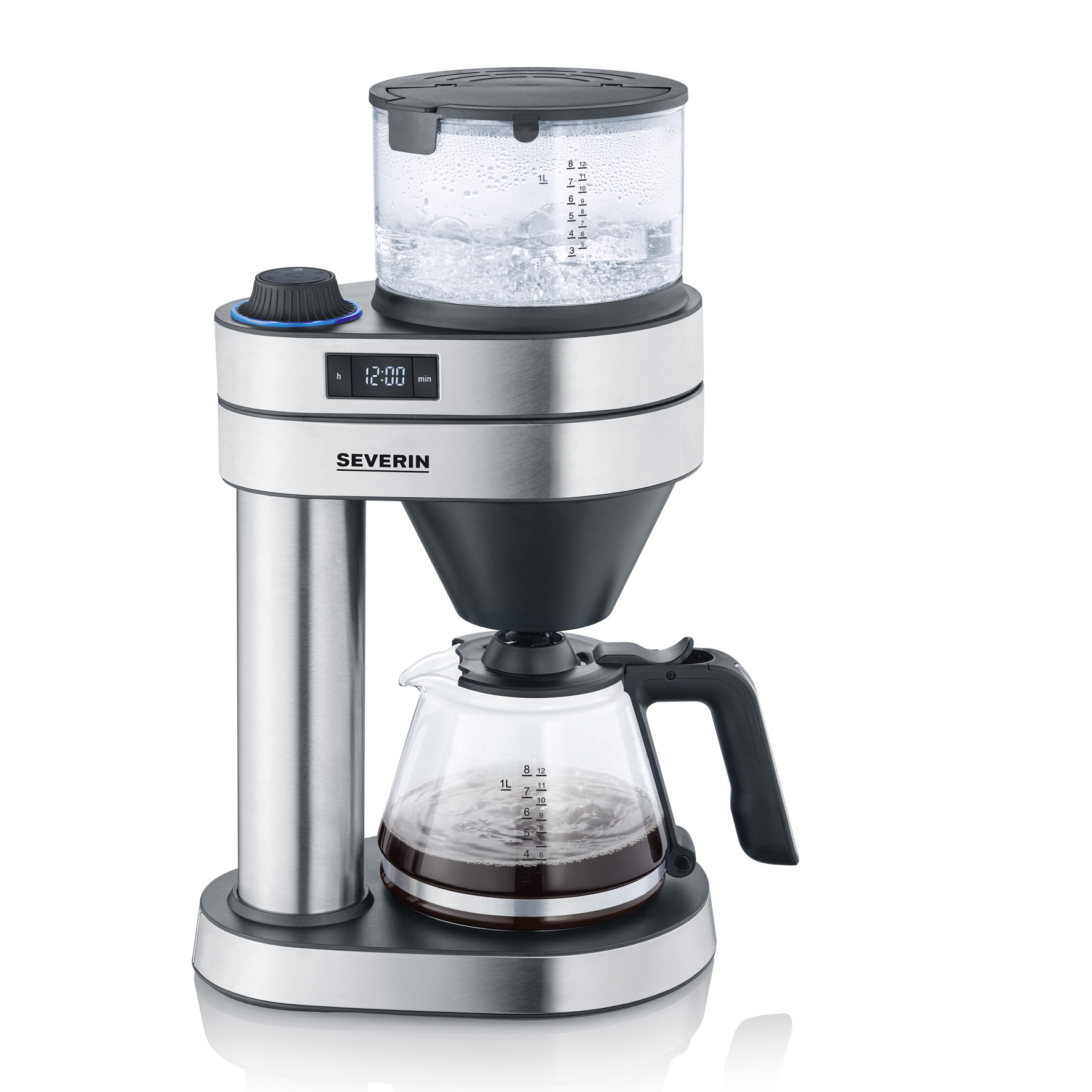 Filterkaffeemaschine  silber-schwarz  leicht erhöht von der seite fotografiert