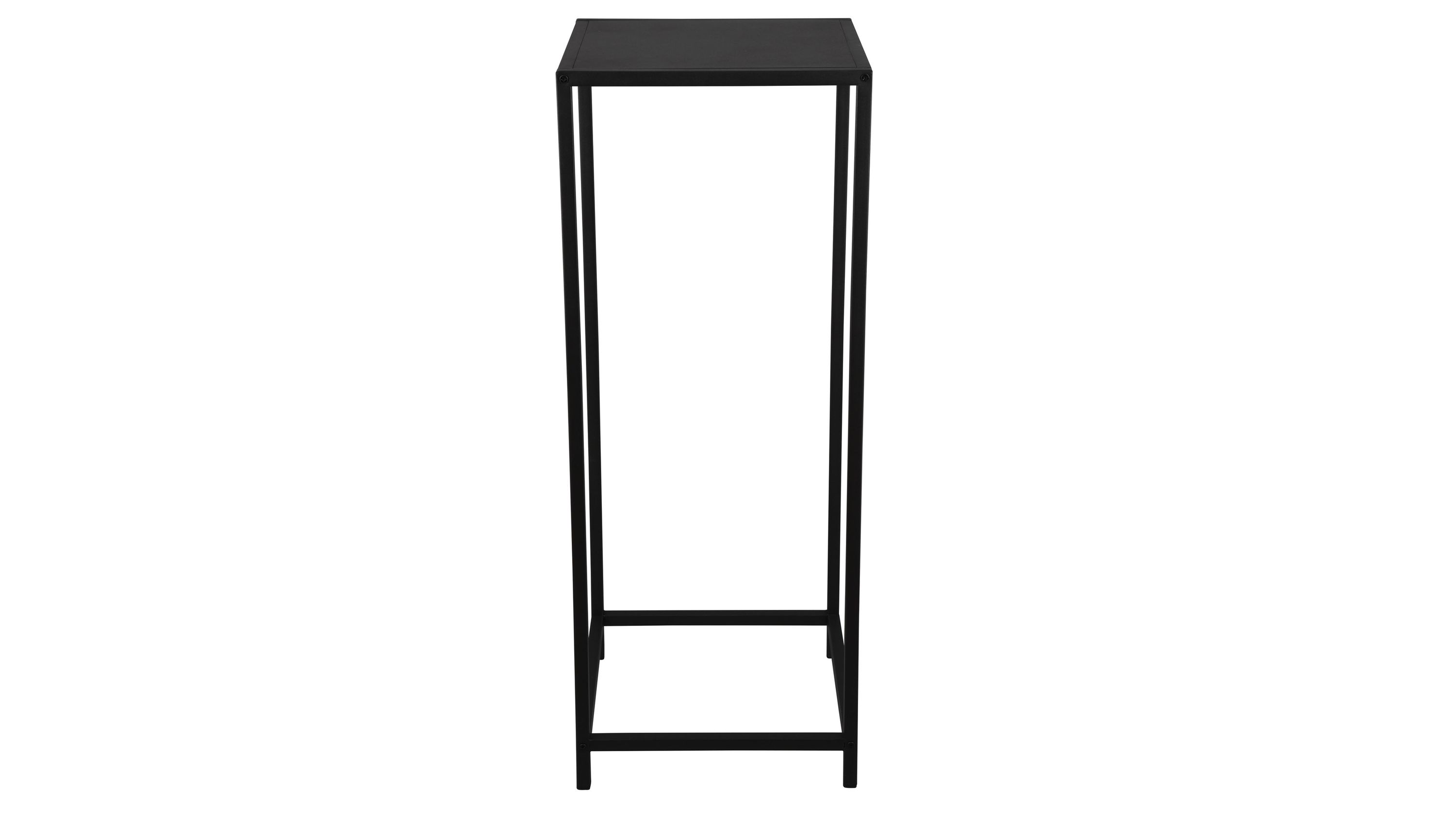 Schmaler hoher Beistelltisch aus schwarzem Metall Schmaler hoher Beistelltisch mit quadratischer Tischplatte und schwarzem Metallgestell