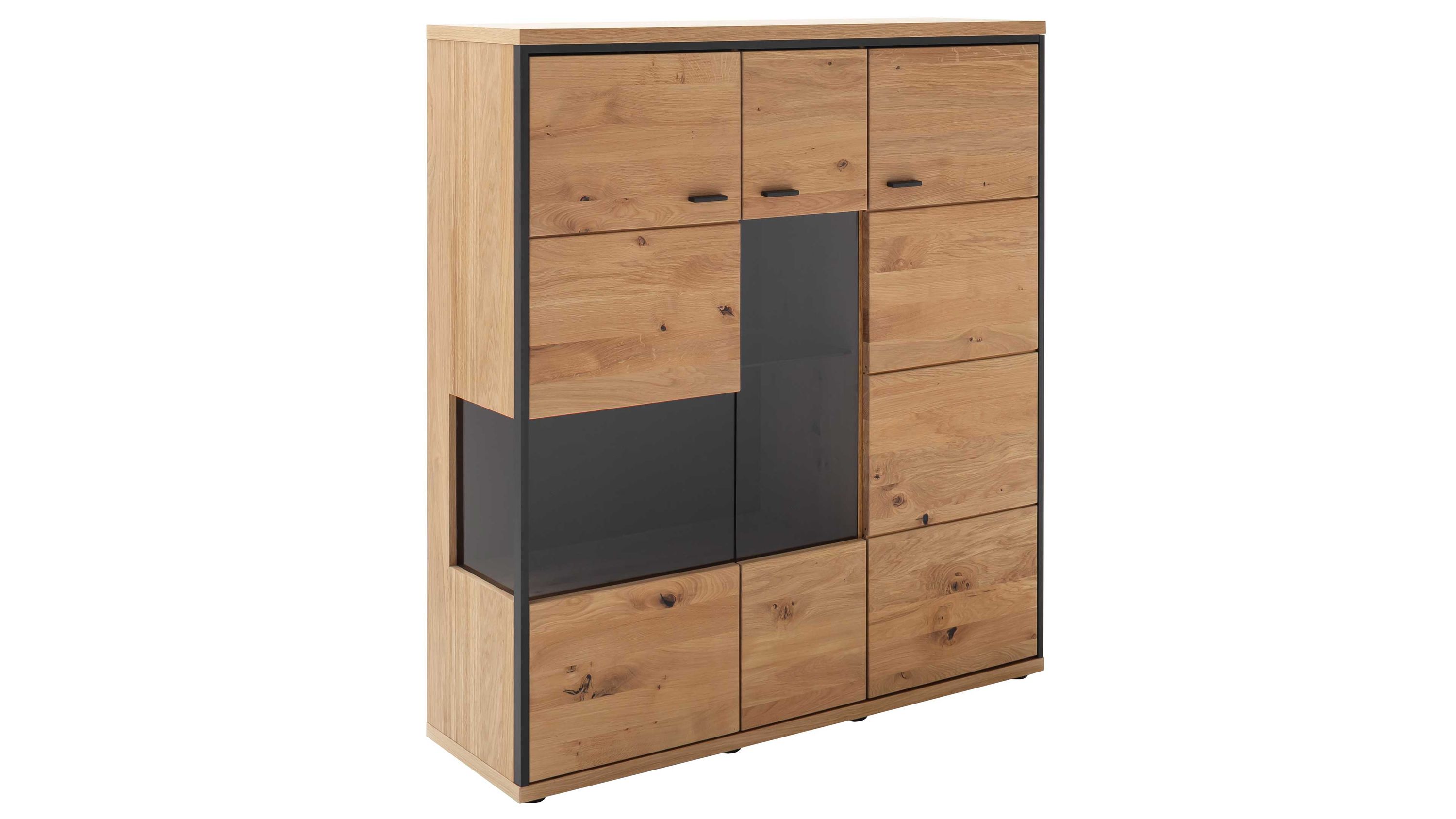 Rechteckiges Highboard mit mehreren quadratischen Türen in Holzoptik und schwarzen Akzenten