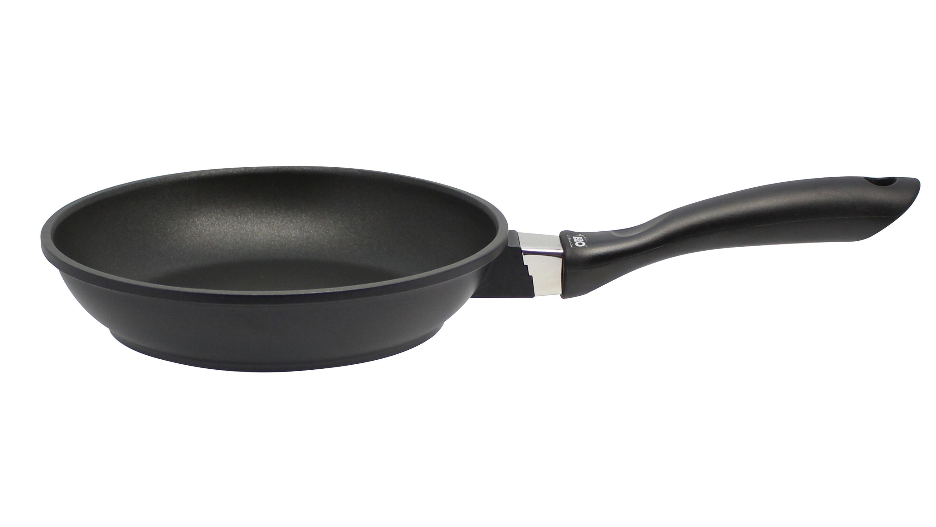 Runde schwarze Bratpfanne mit langem Griff