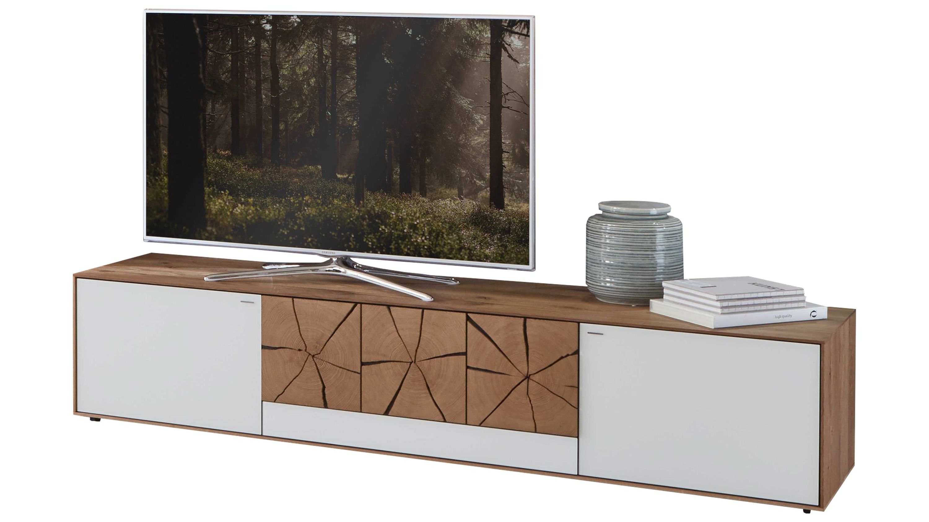 Lowboard mit weißen Türen und Holzfronten Lowboard mit zwei weißen Türen und mittleren Holzfronten mit Maserung und Rissen Oberfläche in Holzoptik