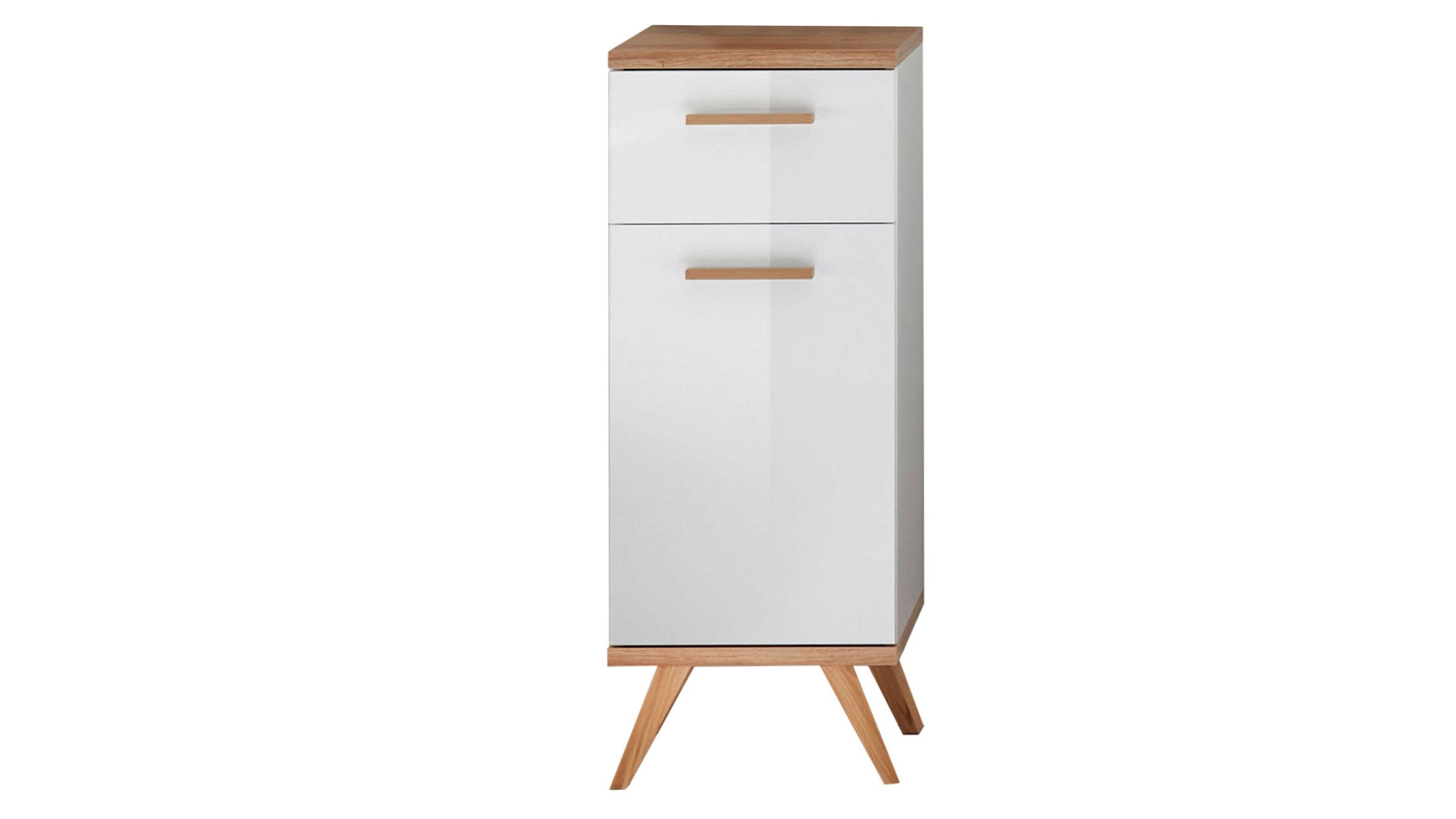Schmaler Unterschrank mit weißer Tür Schublade Holzgriffen und schrägen Beinen in Holzoptik