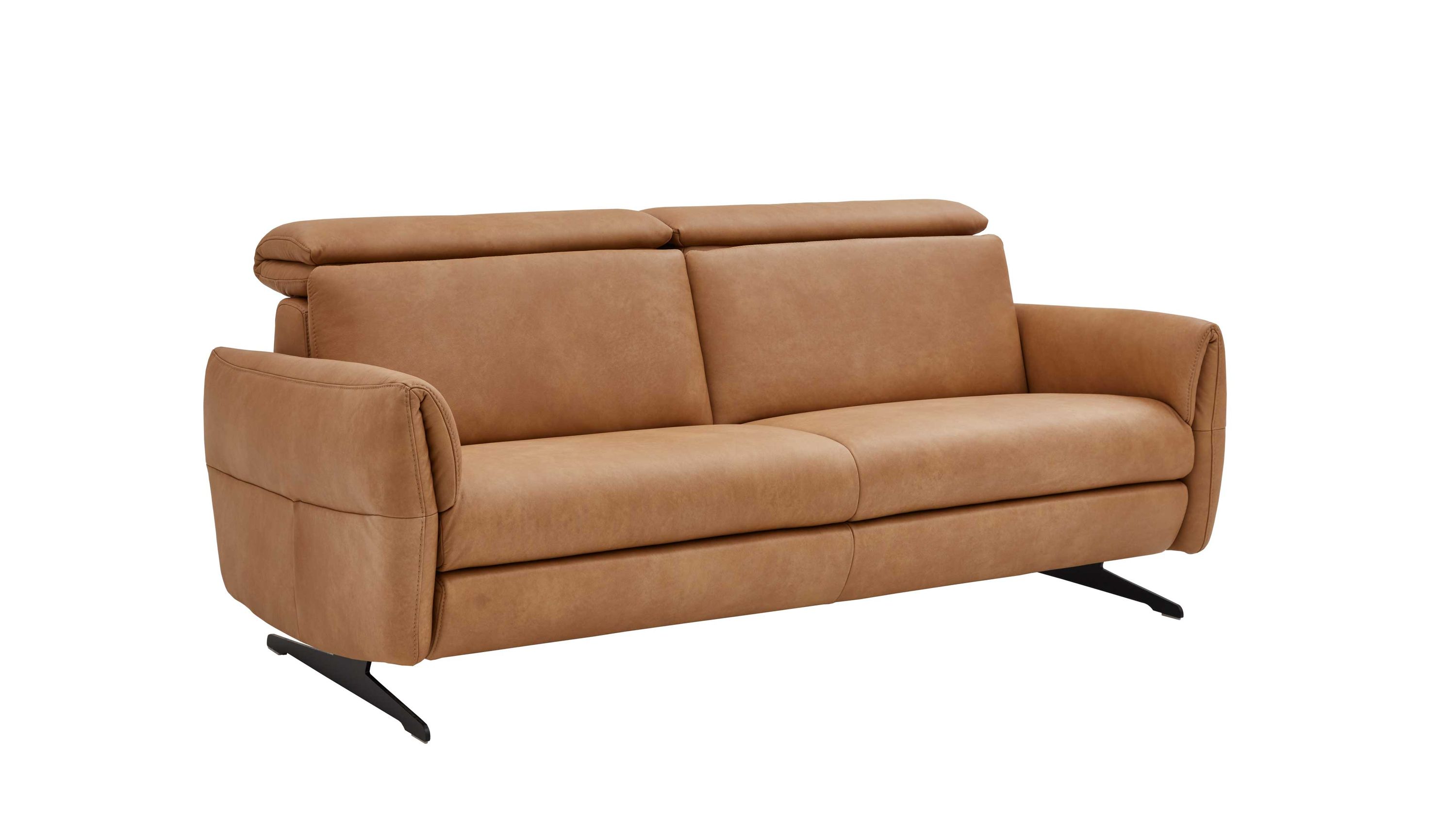 Zweisitziges Sofa mit Lederbezug und Metallkufen Zweisitziges Sofa mit honigfarbenem Lederbezug und schwarzen Metallkufen
