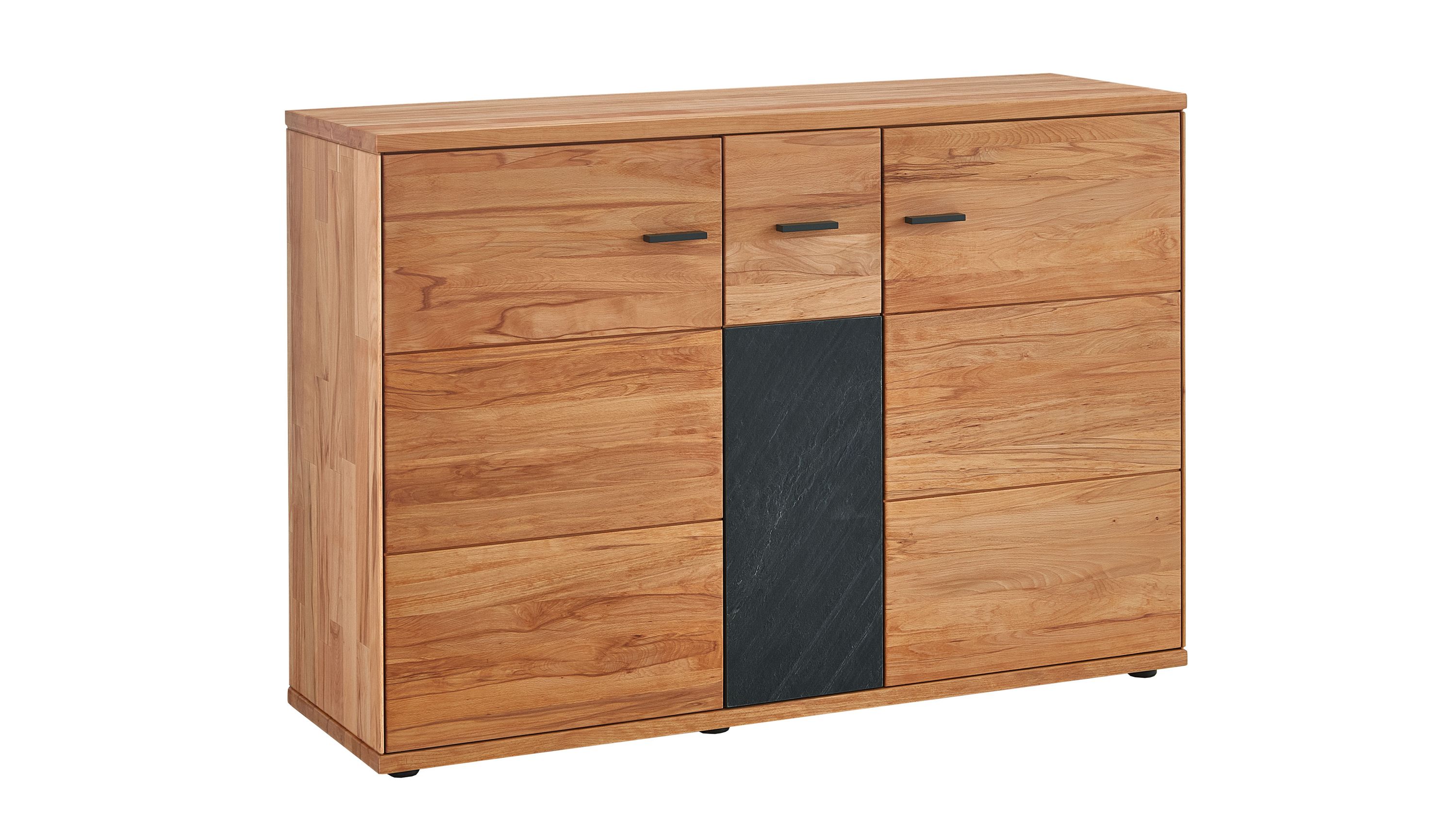 Sideboard mit drei Türen in naturfarbener Holzoptik und mittlerer Tür in dunkler Schieferoptik