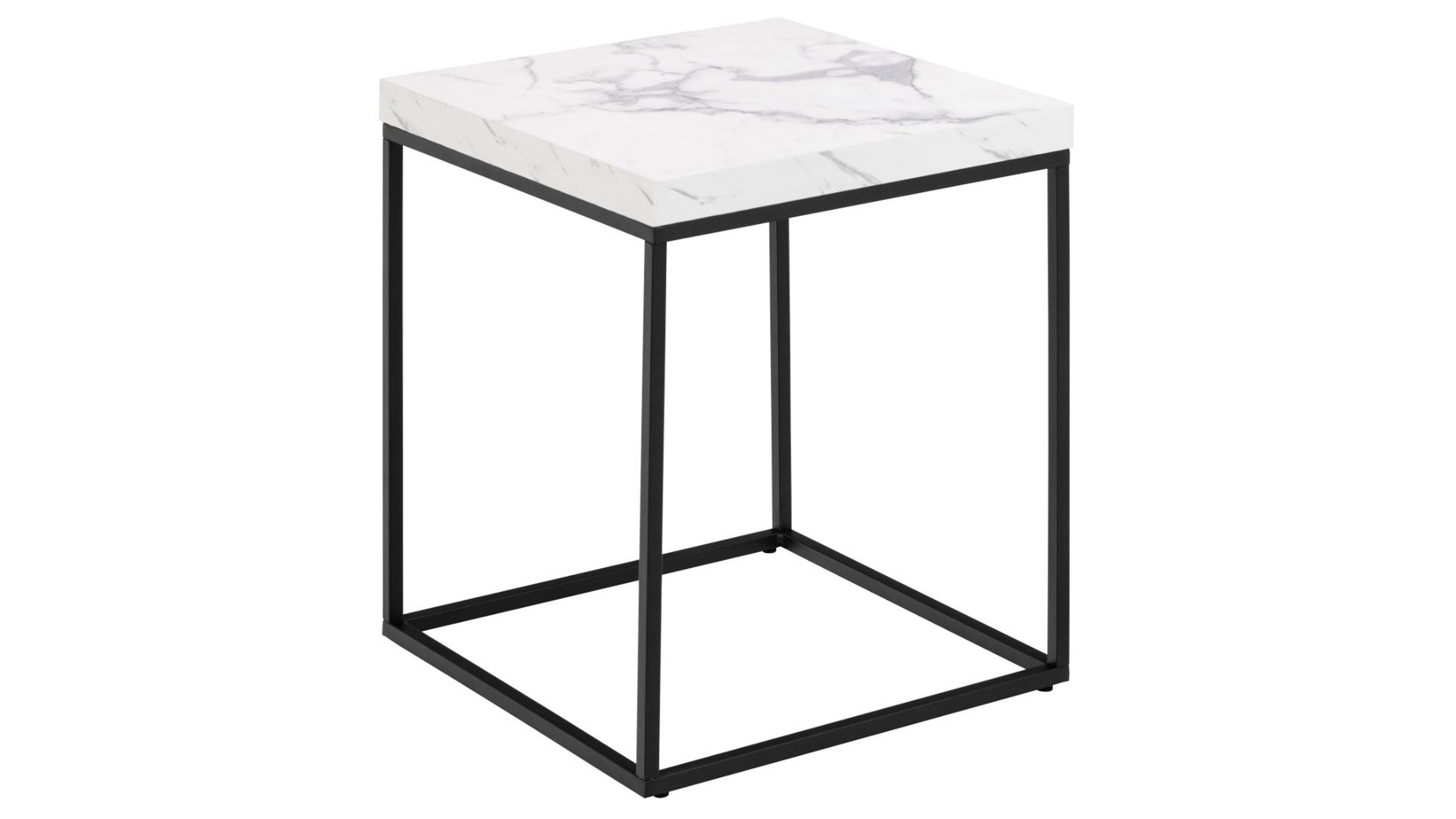 Quadratischer Couchtisch mit weißer Tischplatte und schwarzem Metallgestell