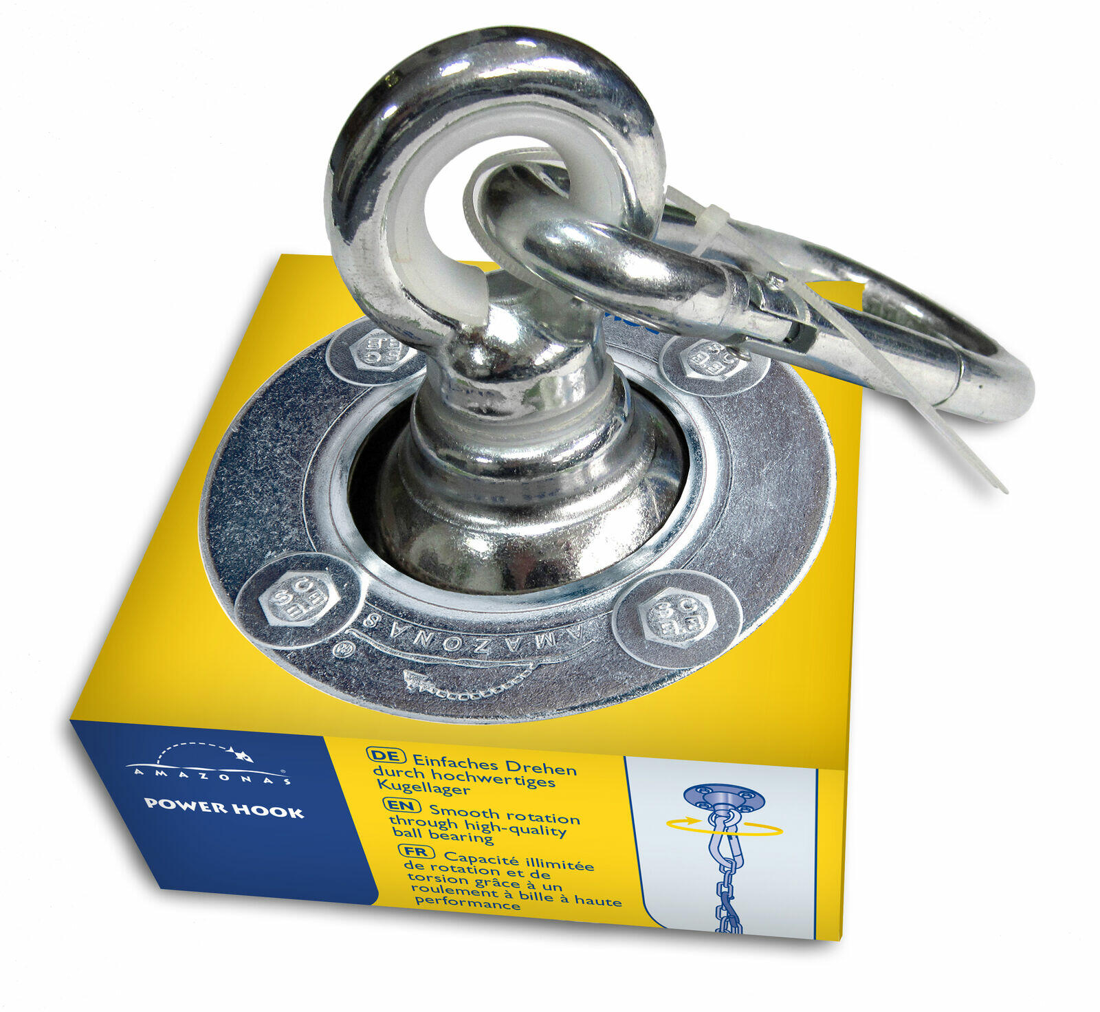 Verchromter Deckenhaken Power Hook für Hängesessel montiert auf gelb-blauer Verpackung drehbares Gelenk Karabiner