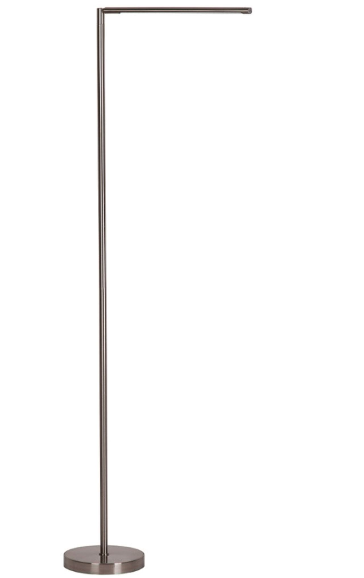 Schwarze Stehleuchte aus Metall mit schwenkbarem Arm und rundem Fuß  minimalistisch freigestellt fotografiert