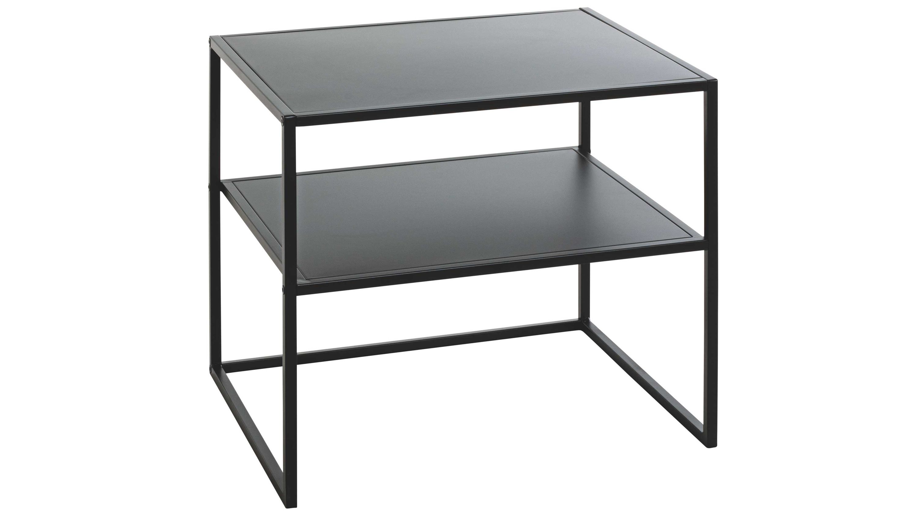 Quadratischer Beistelltisch mit zwei Ablageflächen und schwarzem Metallgestell